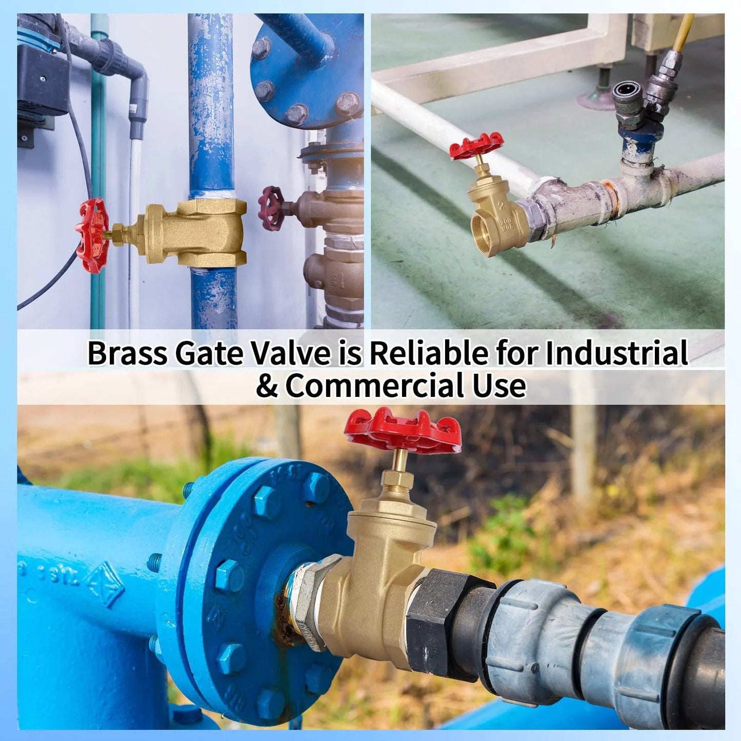 Heavy Duty Brass Gate Valve Three-Quarter Inch NPT With Wheel Handle, Manual Rotary Sluice Valve shown installed in plumbing system.