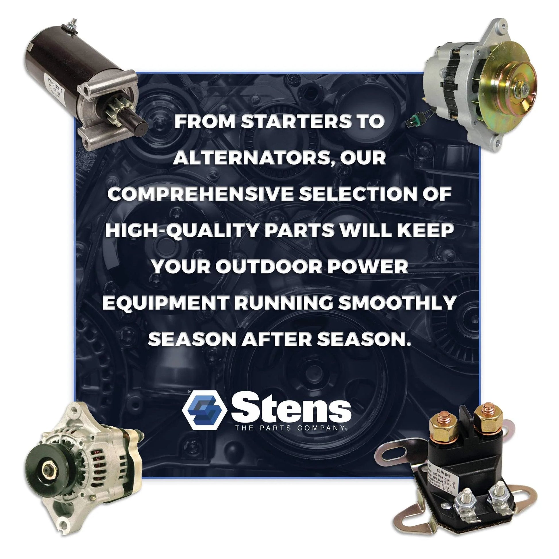Stens outdoor power equipment parts including starters and alternators displayed with promotional text