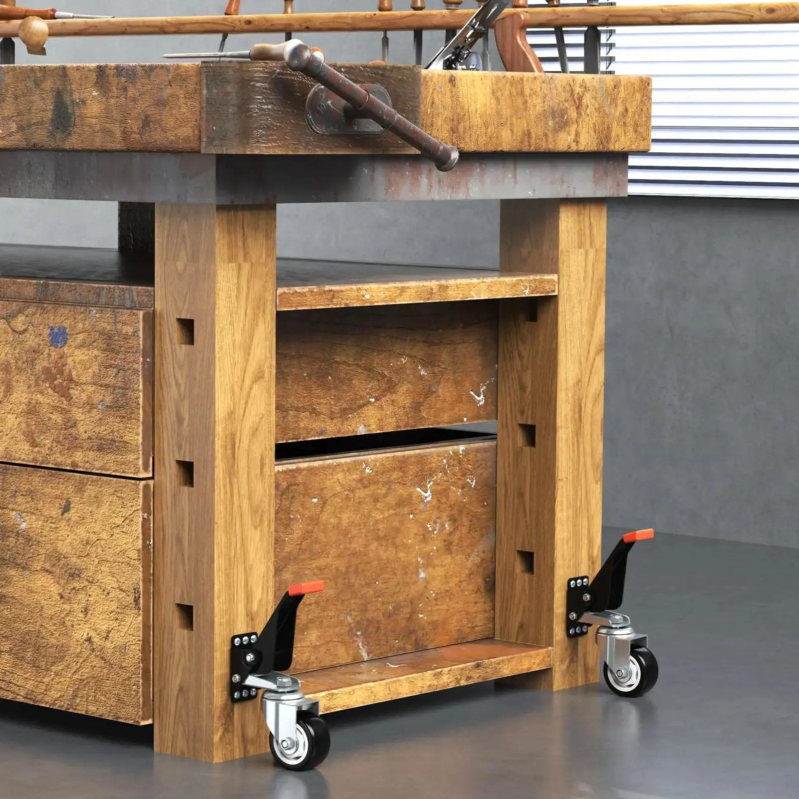 Workbench with 4 Pack 3 Inch Heavy Duty Retractable Workbench Casters Kit For Workbenches Machinery And Tables 880 Lbs Capacity