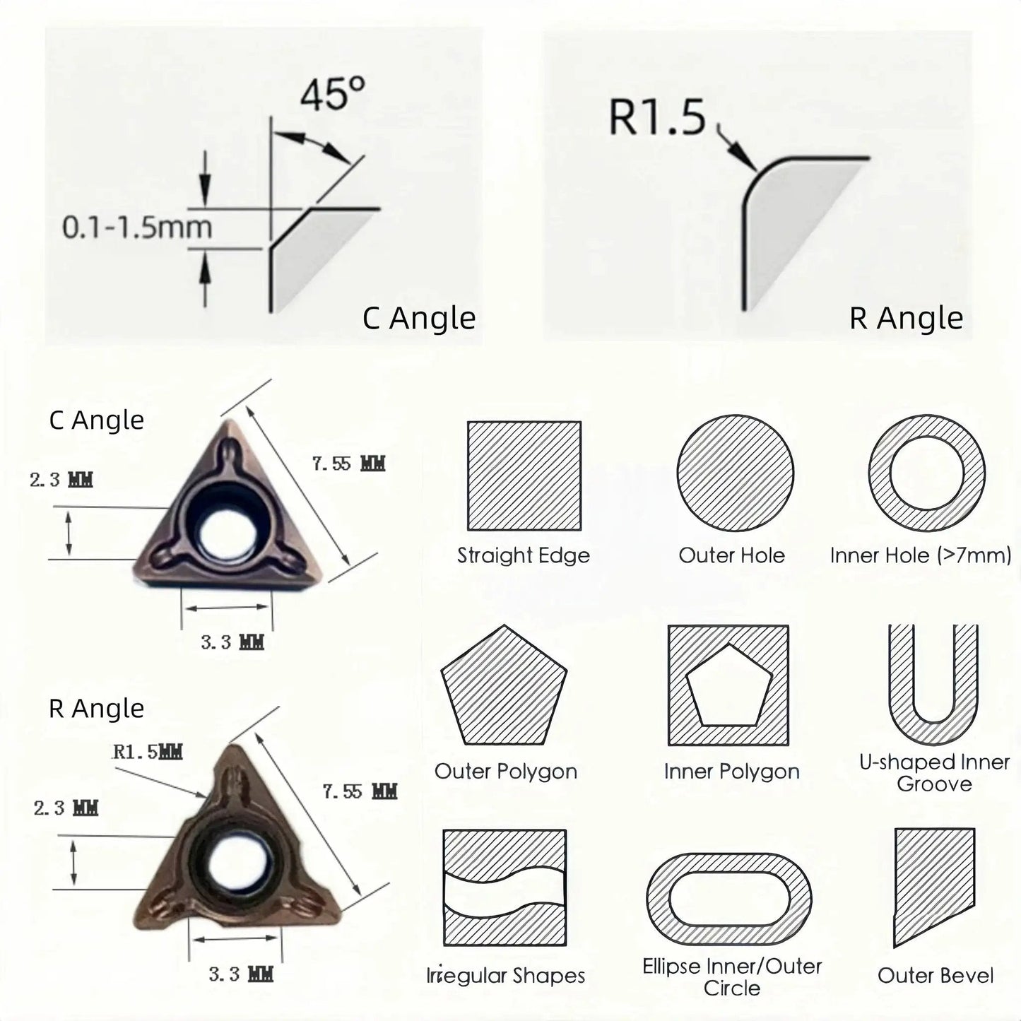 Diagrams showing 45-degree chamfer angles and R1.5 angle on metal pieces, with charts of edge shapes and dimensions in machining.