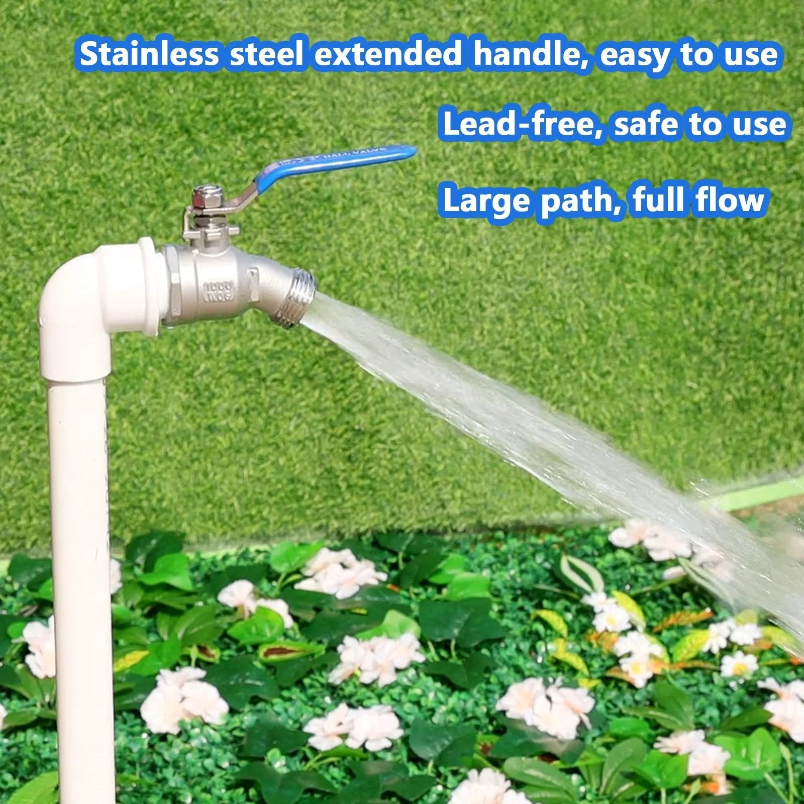 Heavy Duty 304 Stainless Steel Hose Bibb Outdoor Faucet Three Quarter Inch NPT To Three Quarter Inch GHT Male Threads Lead Free Compliant Full Flow 14mm Valve For Gardens And Patios Boiler Drain shown installed on a white pipe in a garden.