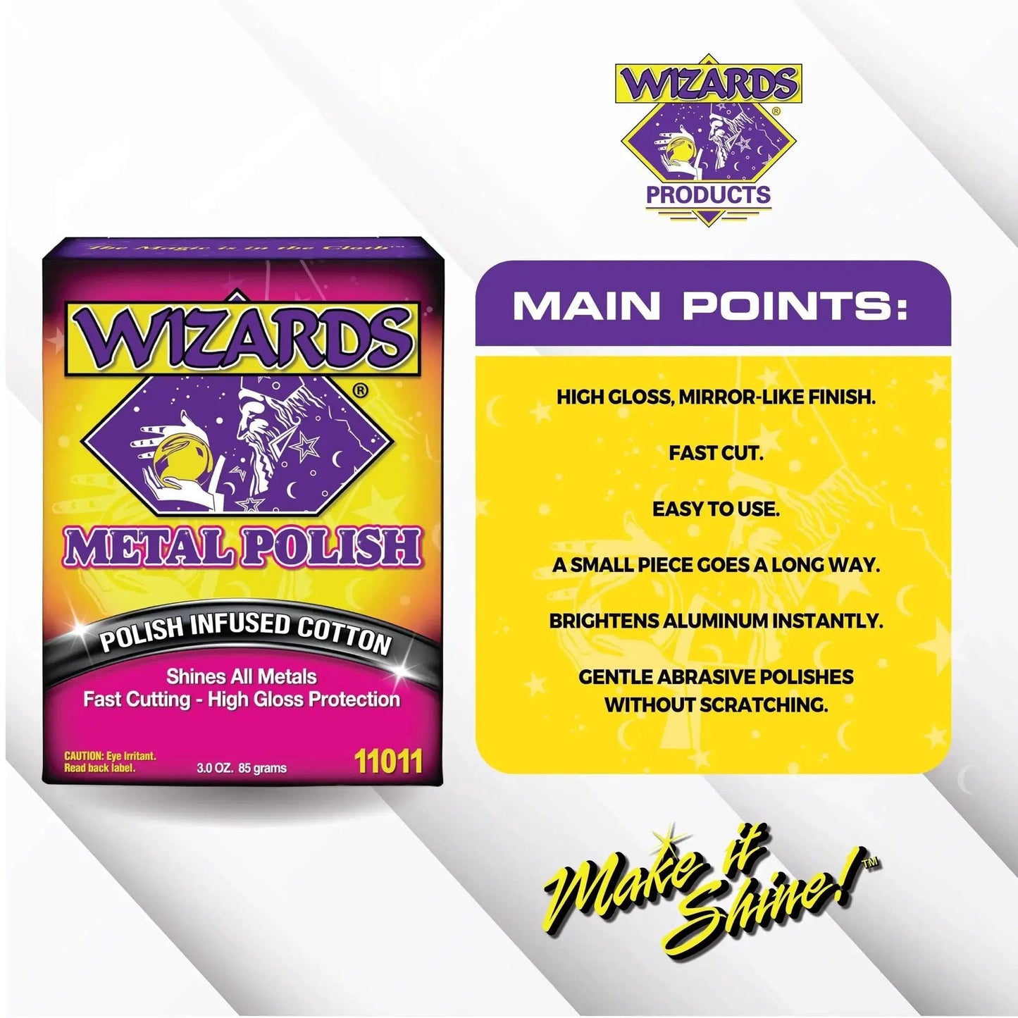 All Metal Polish For Silver Brass Stainless Aluminum Car Care With Slick High Gloss Finish And Instant Shine Oxidation Removal Safe On Most Metals Not Chrome Or Gold Plated Wheels 3oz package with benefits listed.