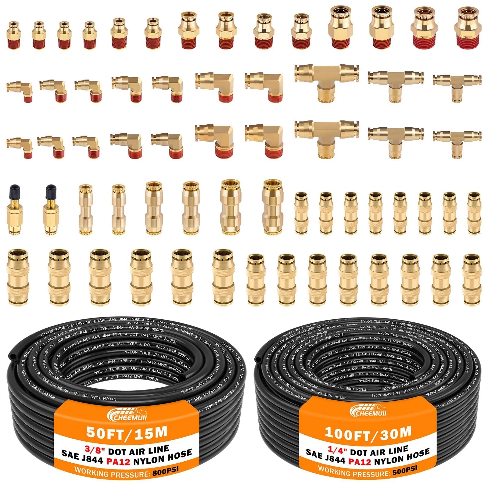 Brass DOT Air Line Fittings Kit CheeMuii 100 Foot One Quarter Inch And 50 Foot Three Eighth Inch Pneumatic Tubing Set, fittings and hoses shown