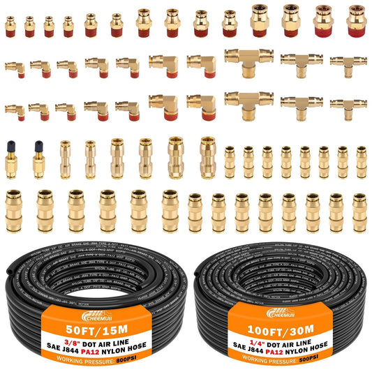 Brass DOT Air Line Fittings Kit CheeMuii 100 Foot One Quarter Inch And 50 Foot Three Eighth Inch Pneumatic Tubing Set, fittings and hoses shown