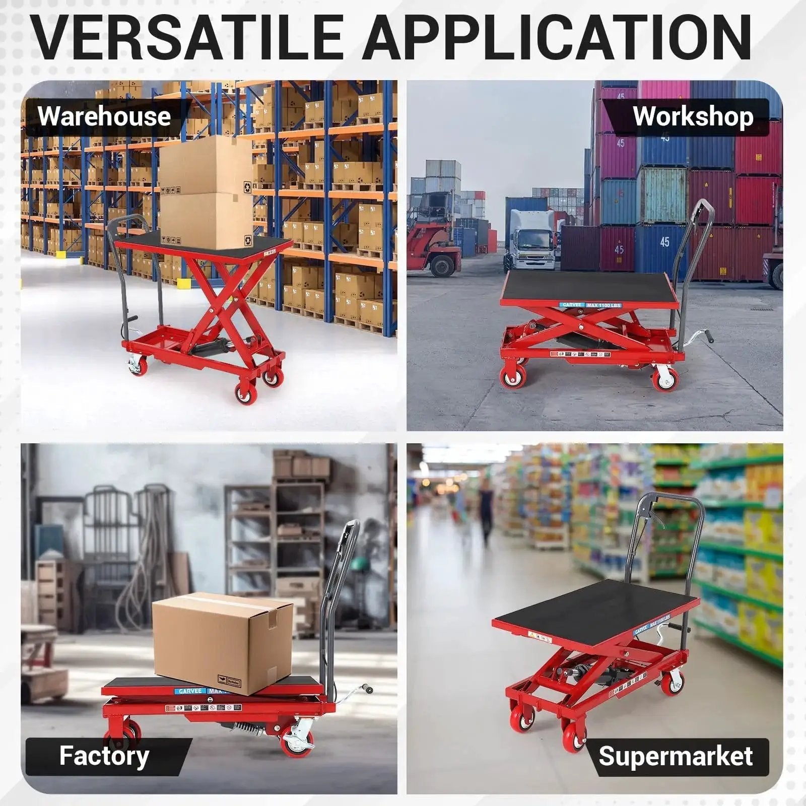 500 Lb Hydraulic Lift Table Cart With 28.5 Inch Lift And Non Slip Pad Red, shown in warehouse, workshop, factory, supermarket.