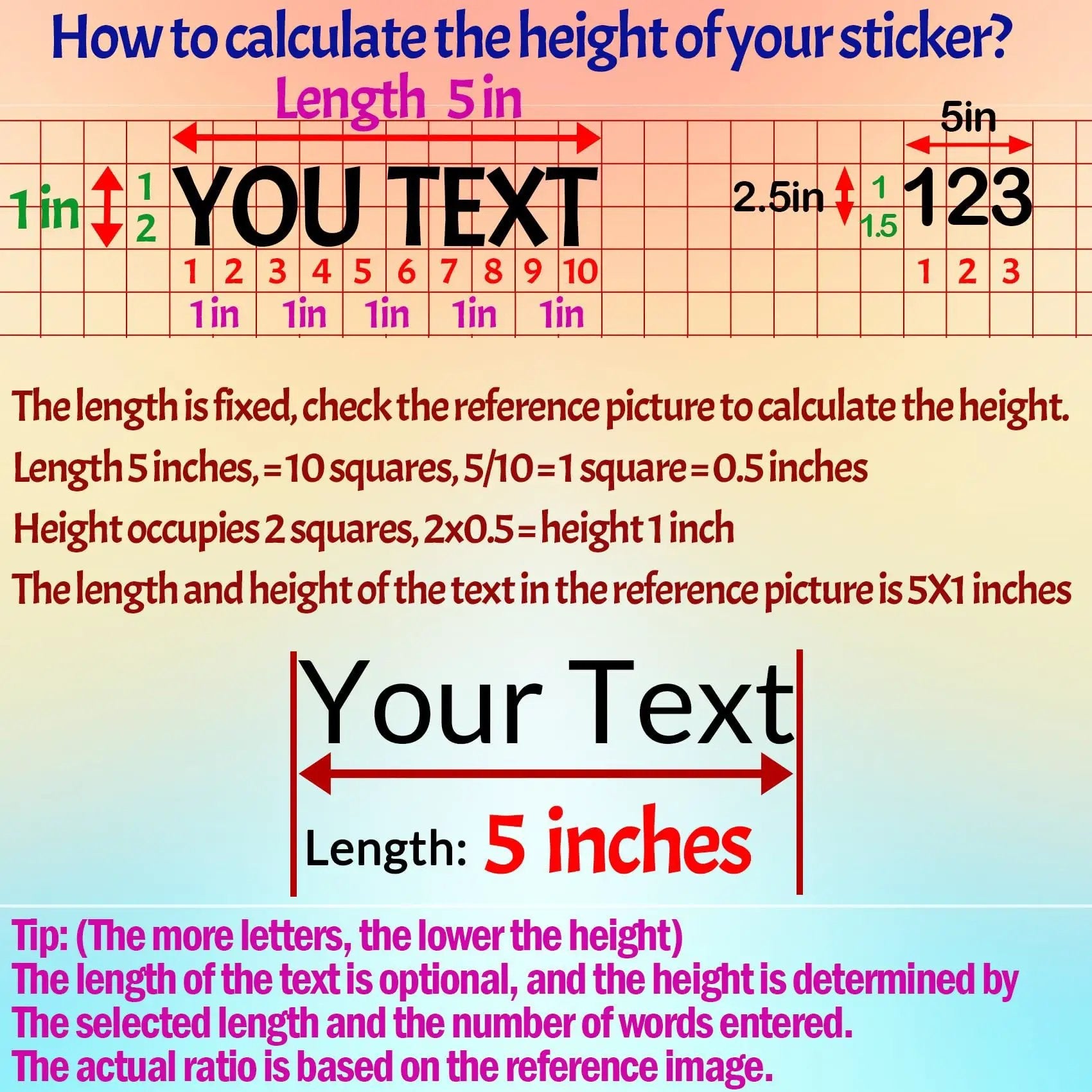 Image demonstrating sticker height calculation for Personalized Vinyl Letter Stickers For Cars Trucks Boats And More In 20 Colors And 20 Fonts Custom Name Decal Available In 5 To 100 Inch Sizes For Dashboards Doors Windshields And More.