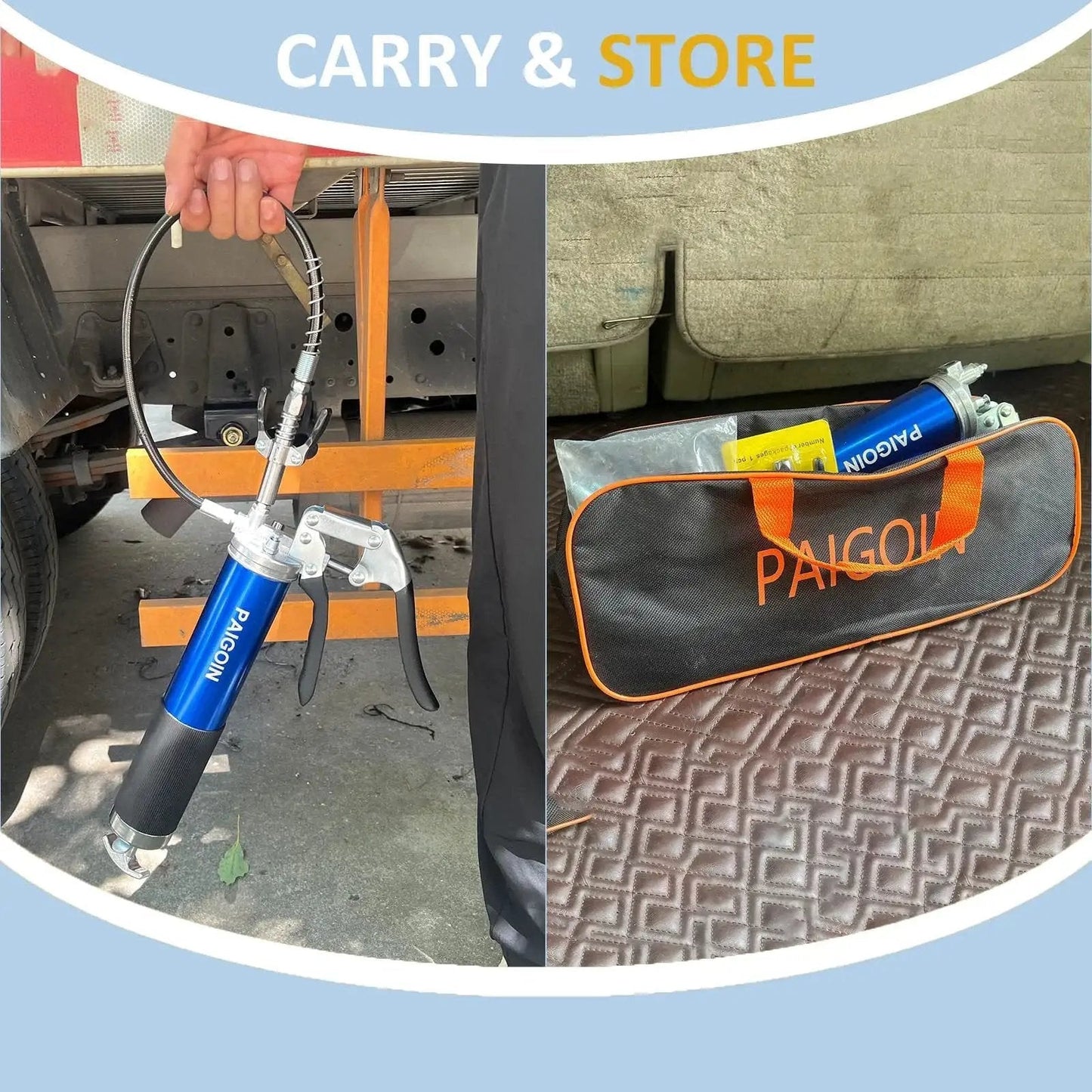 All In One Built Tough Heavy Duty 8000 PSI Pistol Grip Grease Gun Kit with 14 oz cartridge and hoses shown in use and stored