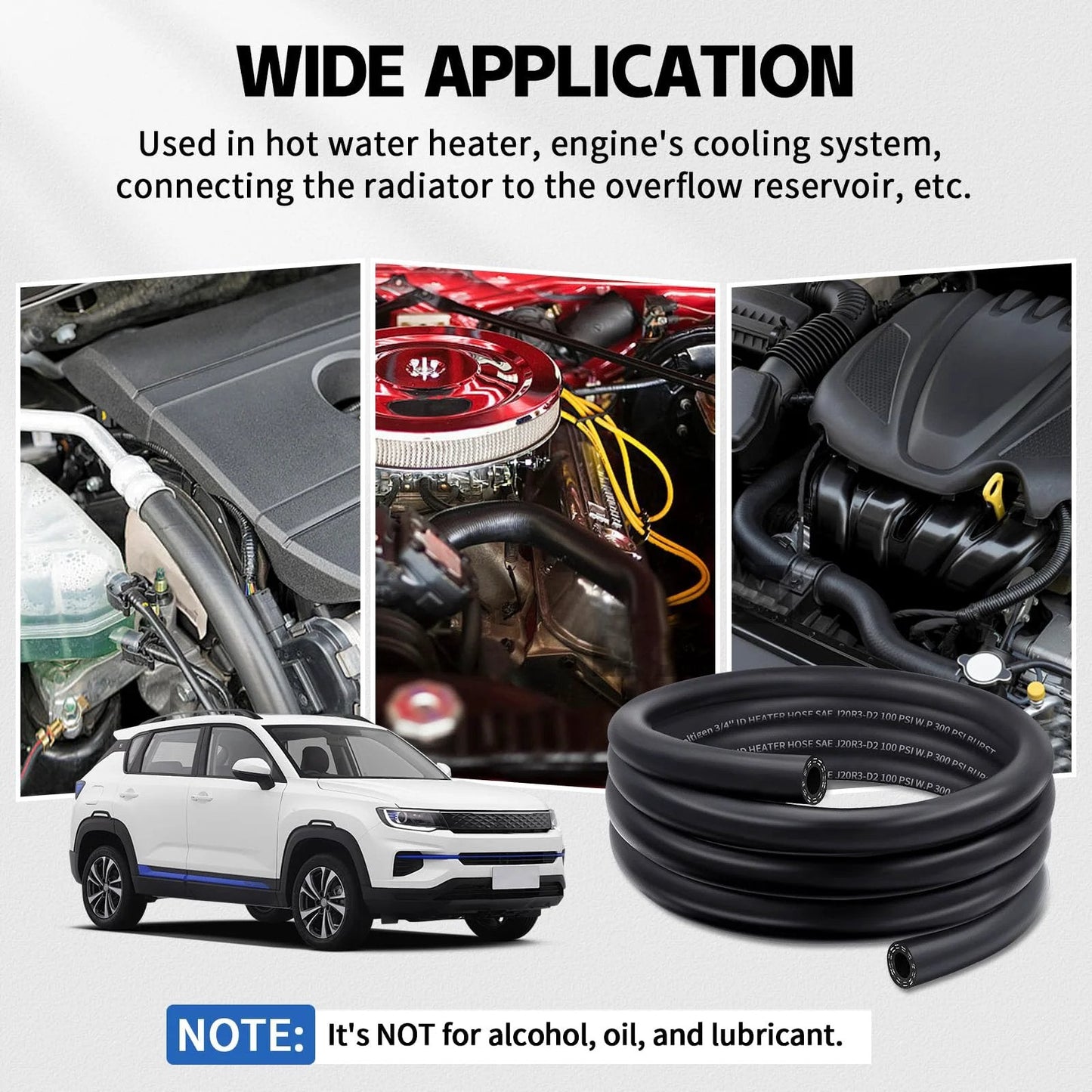 Wide application of Five Eighth Inch Heater Hose For Water Coolant And Fuel Systems, EPDM Hose shown installed in car engines.