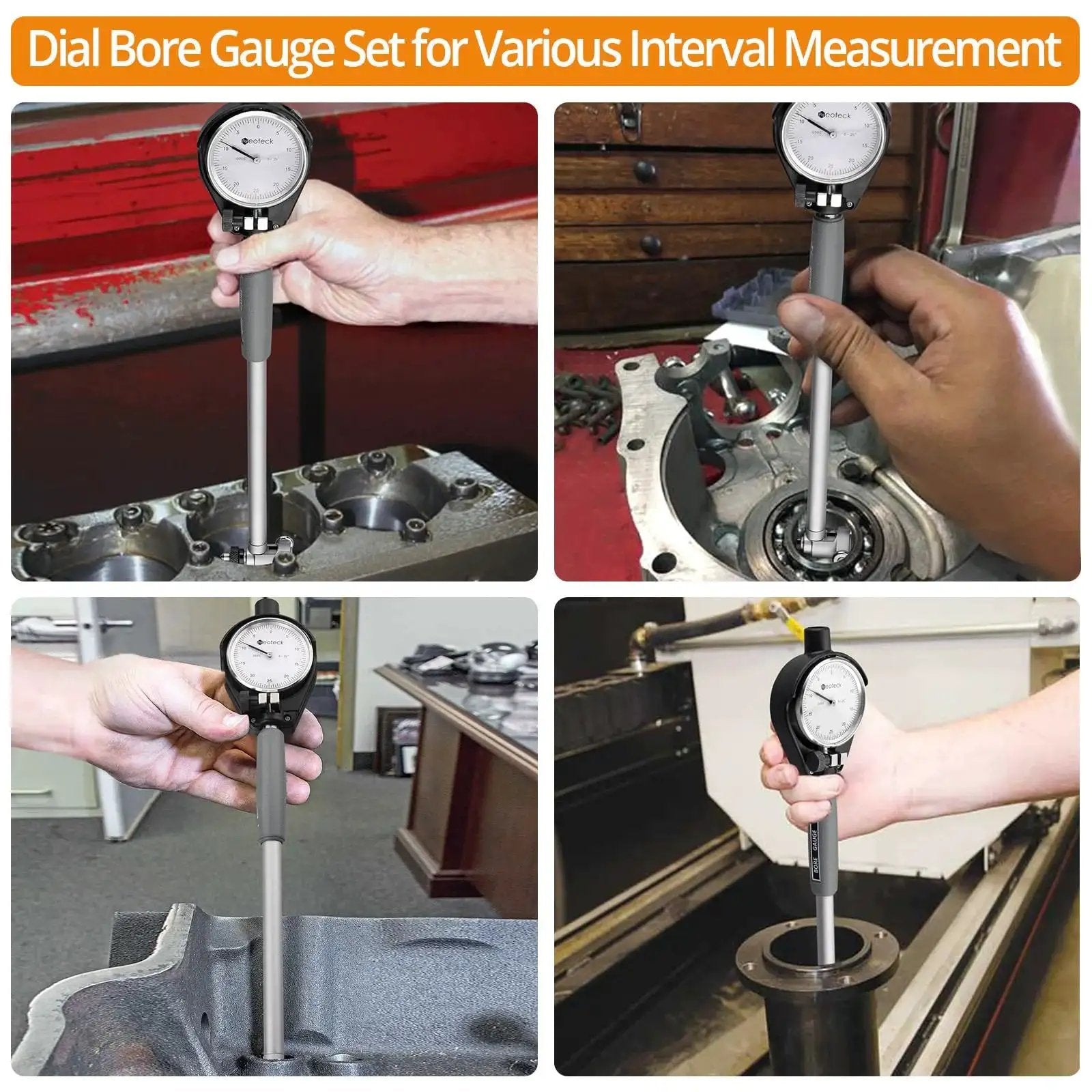 Deep Engine Cylinder Dial Bore Gauge Set For Accurate Measurements 2 To 6 Inch Range With 0.001 Inch Resolution Self Centering Design Includes 11 Carbide Anvils Chrome Plated Handle Insulated Grips And Durable Carry Case Neoteck shown being used in engine bores