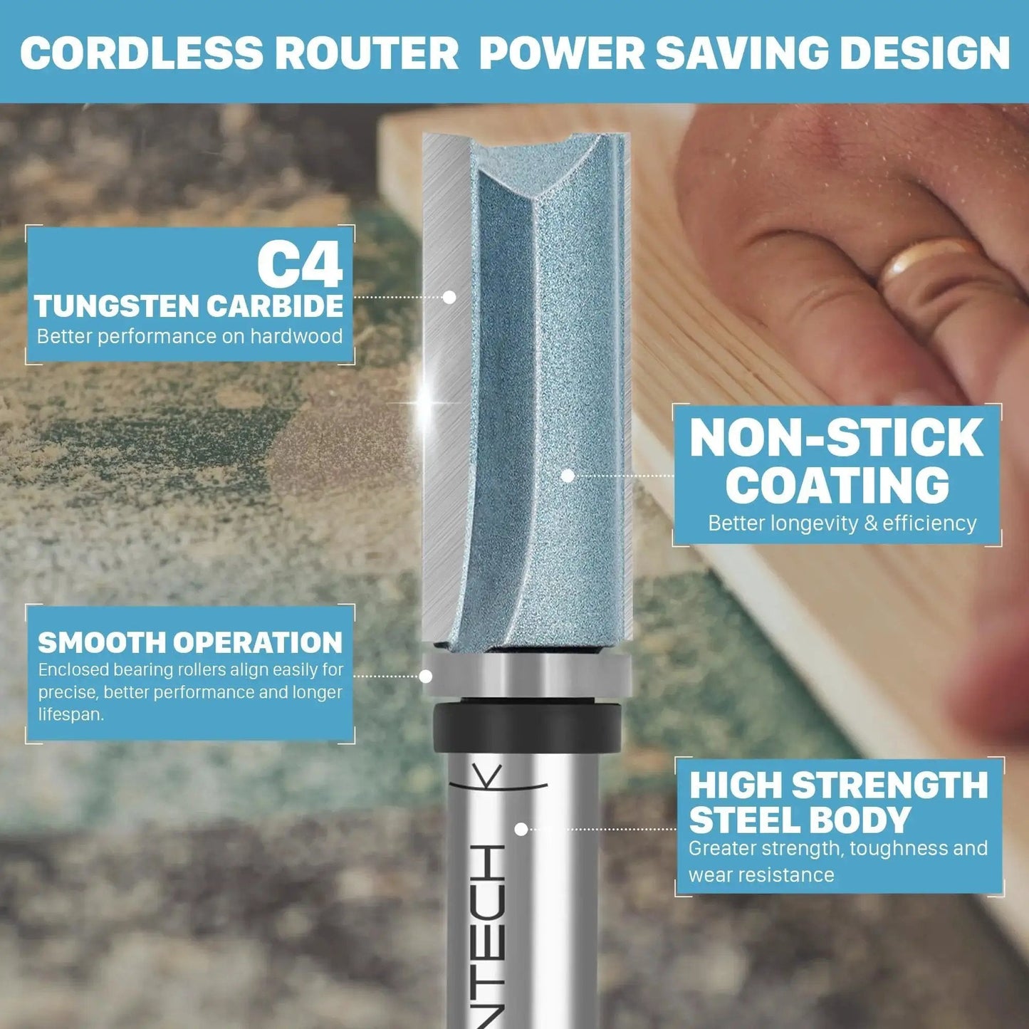 One Quarter Inch Shank Flush Trim Router Bit With Top Bearing And Carbide Tipped Pattern Bit for trimming wood, showing steel body and coating.