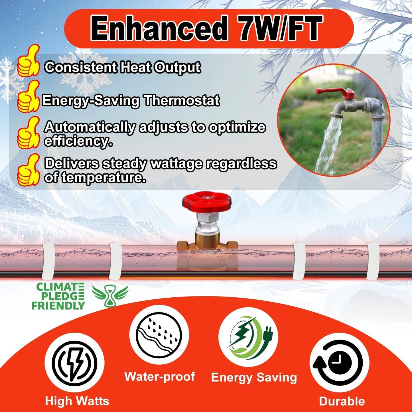 Self Regulating Pipe Heating Cable That Prevents Freezing And Keeps Water Flowing 120 Volt 6 Foot Heat Tape For Water Pipes CSA And ETL Certified Energy Efficient Durable 7 Watt Per Foot Reliable Performance For Home And Garage HeatIt. Image with enhanced features and consistent heat output.