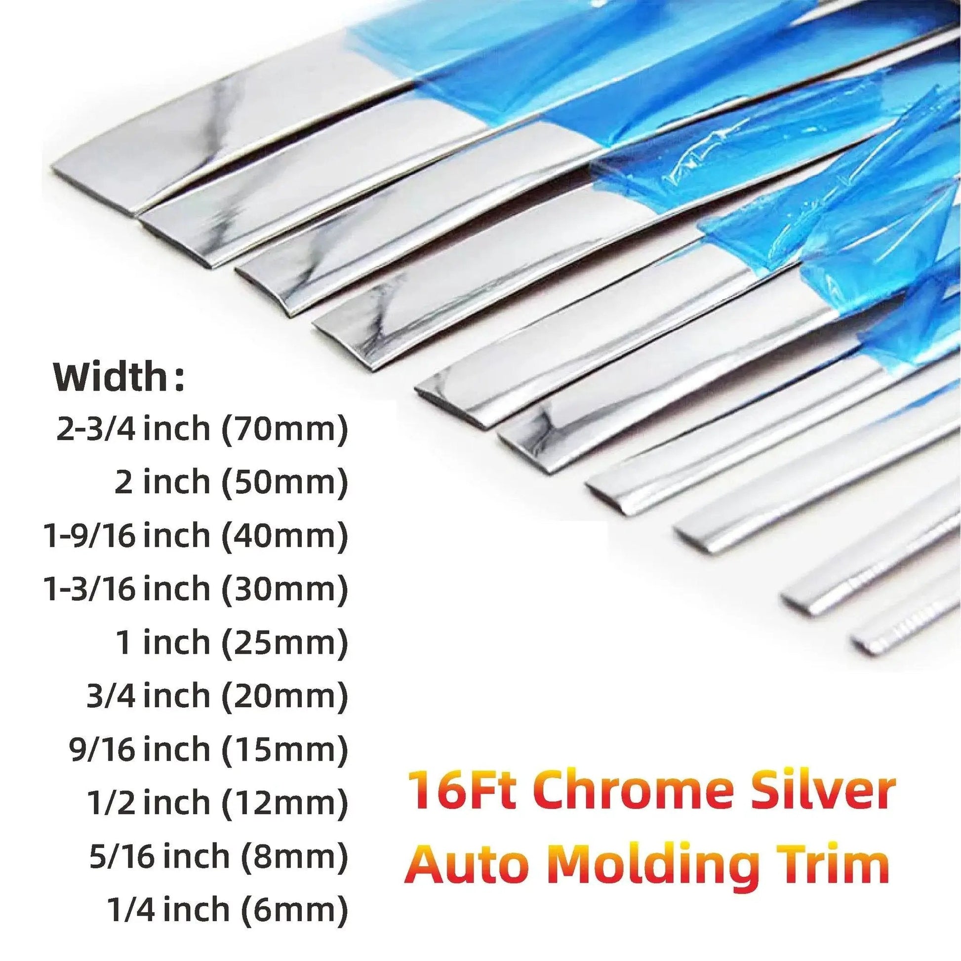 Universal Car Exterior And Interior Molding Trim Self Adhesive PVC Strip in various widths and chrome silver finish.