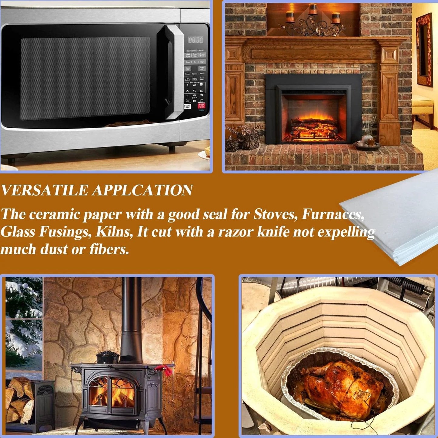 Ceramic Fiber Paper For Kilns And Furnaces, 24 X 33 X 0.08 In White, 3 Pack shown in various applications like stoves and kilns.