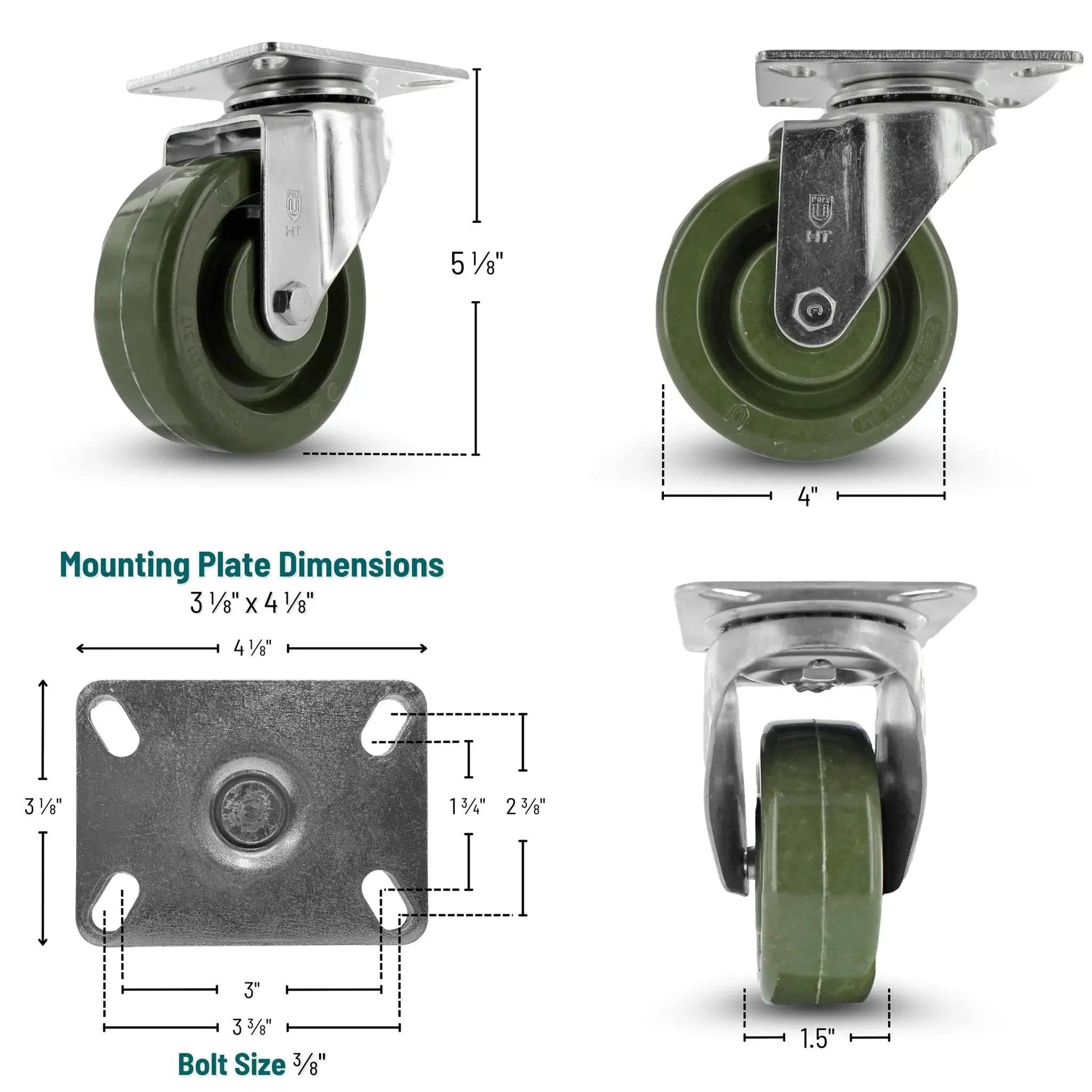 High Temperature Plate Mount Caster With Four Inch Epoxy Resin Wheel And Zinc Plated Steel Yoke Five Sixteenth Inch Precision Bearing Heavy Duty Caster For Ovens Bakers And Heat Intensive Environments Up To Two Hundred Eighty Fahrenheit. Multiple views and dimensions shown.