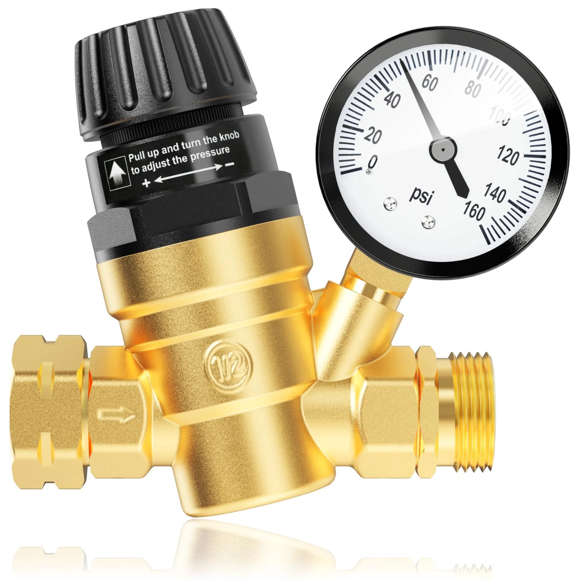 Front view of Brass Lead Free RV Water Pressure Regulator with Gauge and Inlet Filter for Campers and Travel Trailers, Adjustable