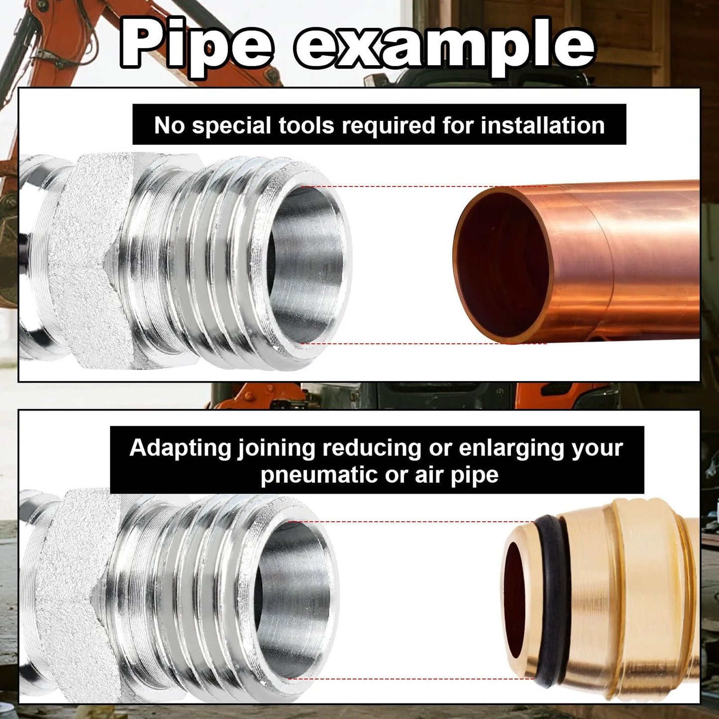 Set Of 2 M14x1.5 To M14x1.5 carbon steel hydraulic hose thread adapters for heavy equipment, shown in installation example with pipes.