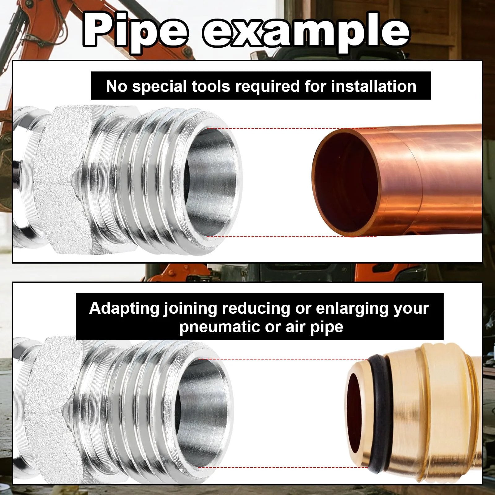Set Of 2 M14x1.5 To M14x1.5 carbon steel hydraulic hose thread adapters for heavy equipment, shown in installation example with pipes.