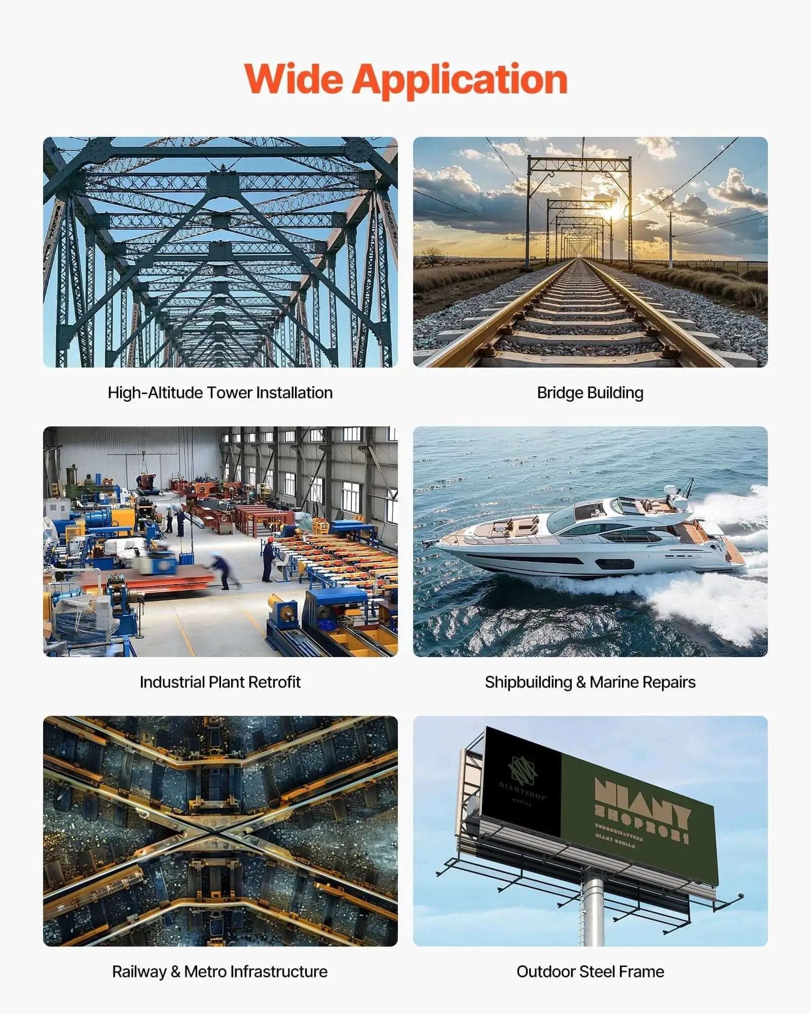 Image showing diverse applications of a magnetic drill press: tower installation, bridge building, industrial and marine tasks.