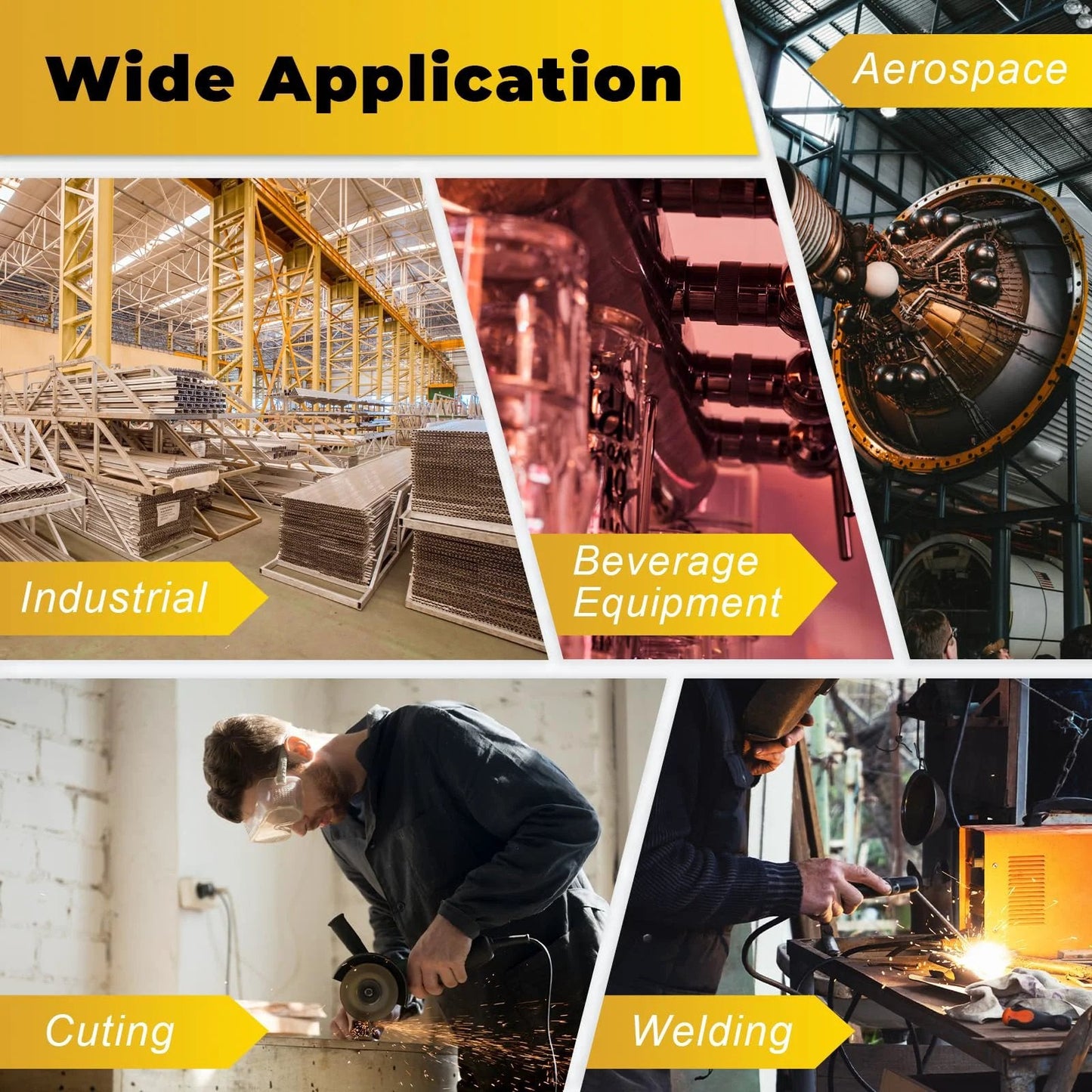 Collage showing industrial, beverage equipment, aerospace, cutting, and welding applications for metal products.