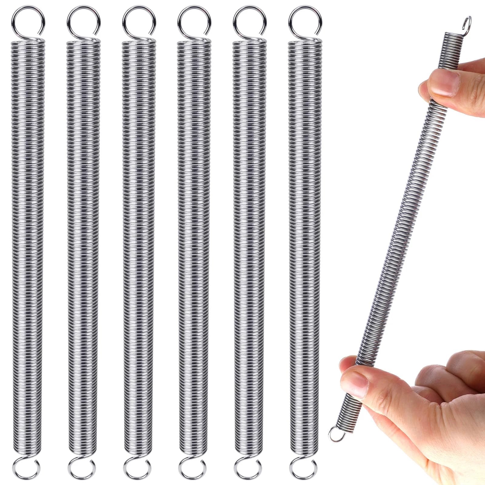 Six Pack Extension Springs 3/8 By 6-1/2 Inch 0.047 Inch Dual Hook Tension Springs For Machinery Repair Industrial Doors And Screens Heavy Duty Equipment Versatile Value Pack Gisafai, shown in stainless steel with close-up of one held by hand.