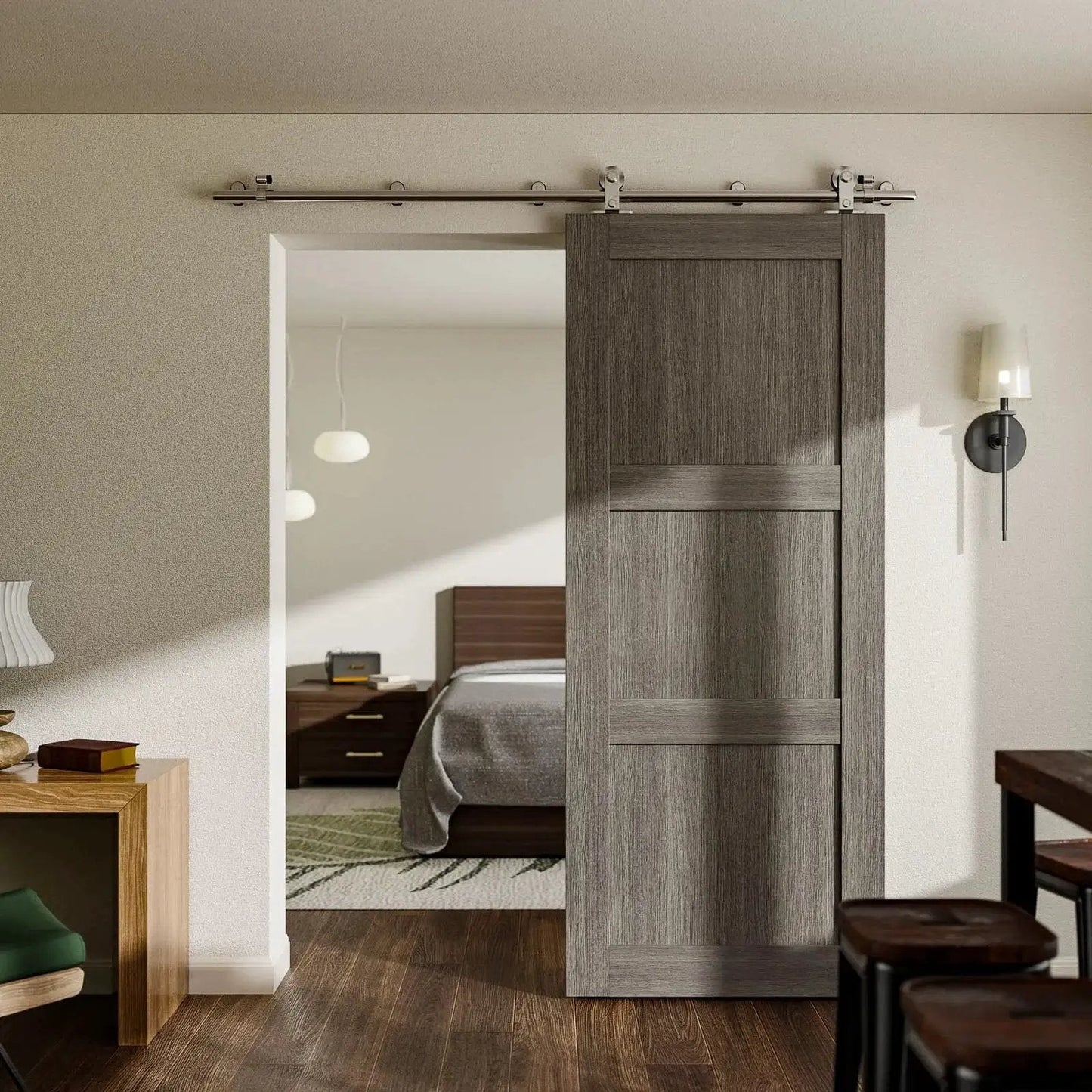 5.5 Foot Stainless Steel Sliding Track Barn Door Hardware Kit For Single Door Heavy Duty installed in living room