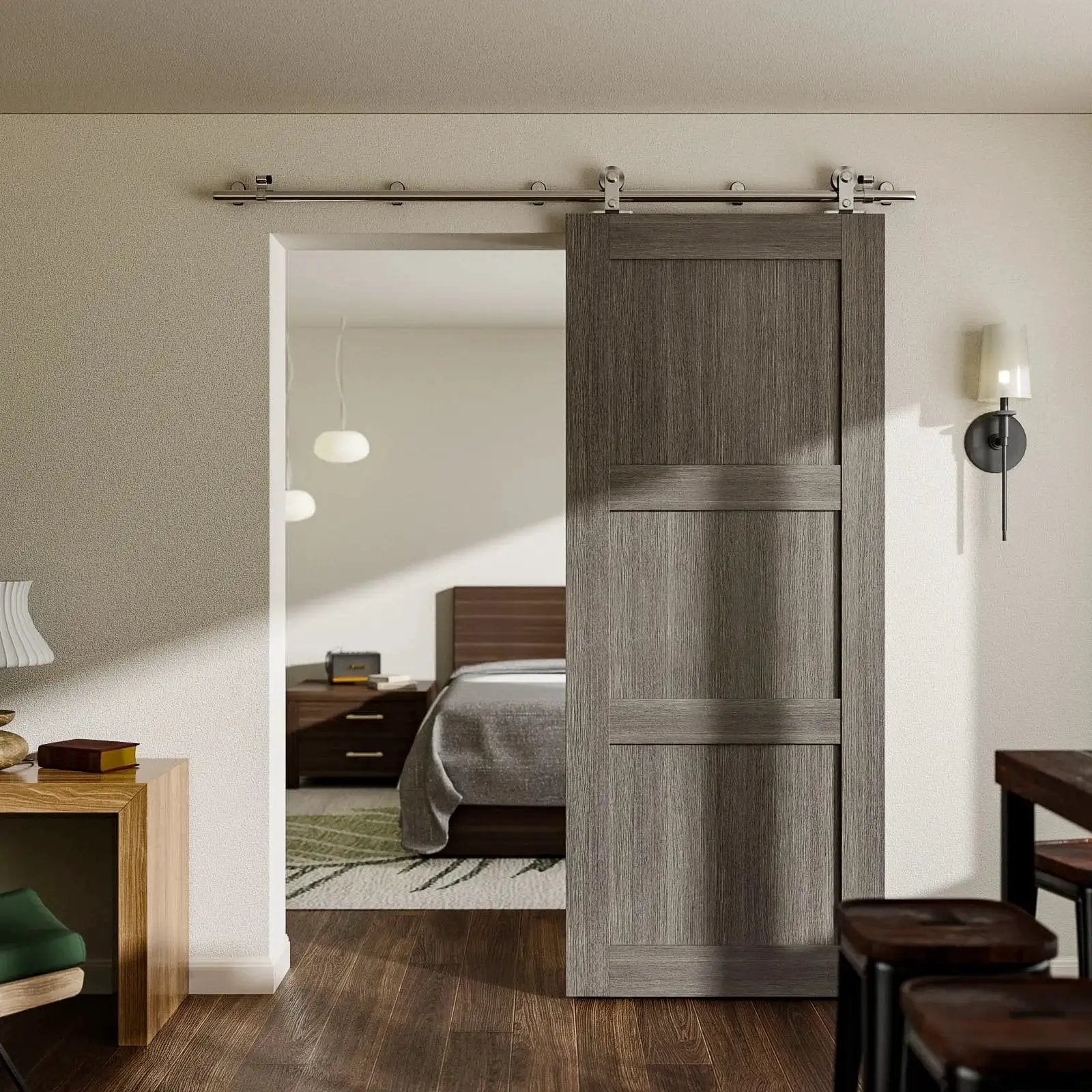 5.5 Foot Stainless Steel Sliding Track Barn Door Hardware Kit For Single Door Heavy Duty installed in living room