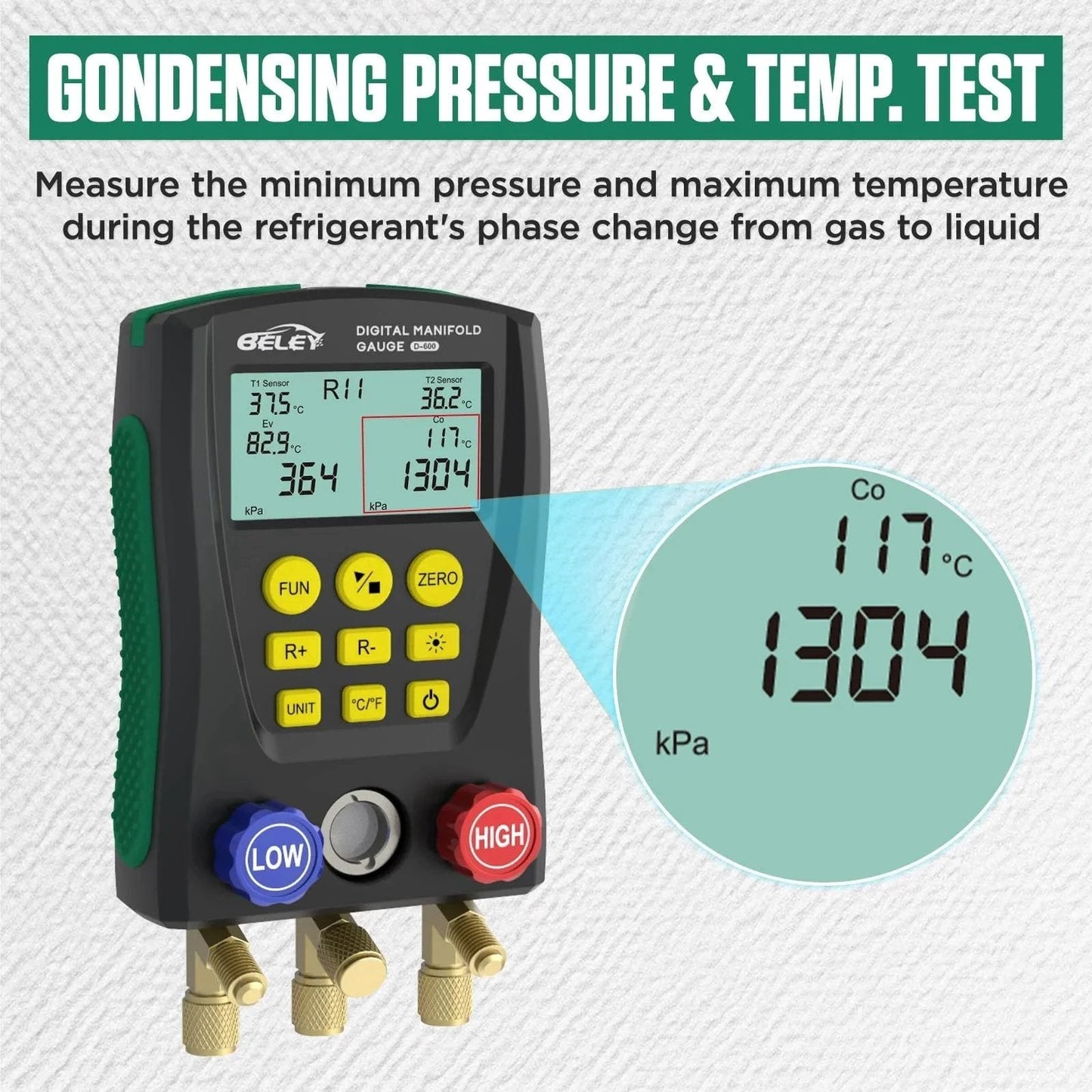 Digital Pro Grade HVAC Manifold Gauge Kit For Refrigerants With Dual Pressure And Temperature Tests showing measurements.