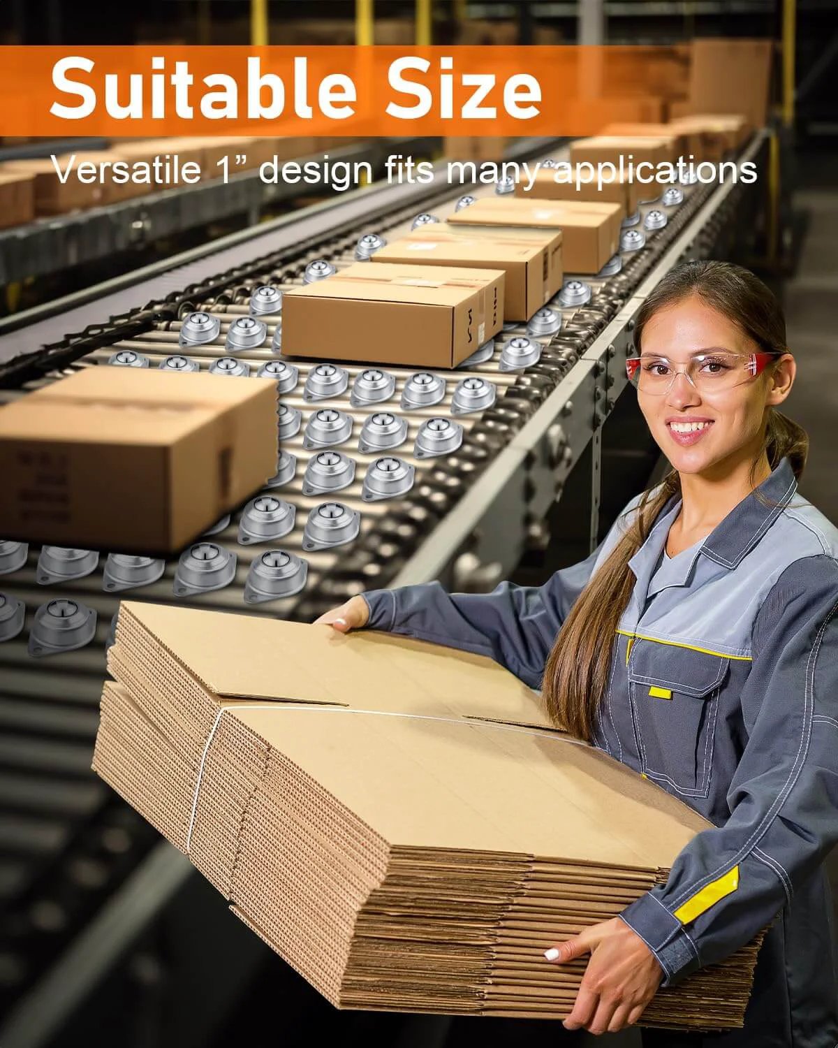 Woman in workshop with conveyor belt fitted with 40-pack 1-inch ball caster rollers, boxes moving smoothly on rollers