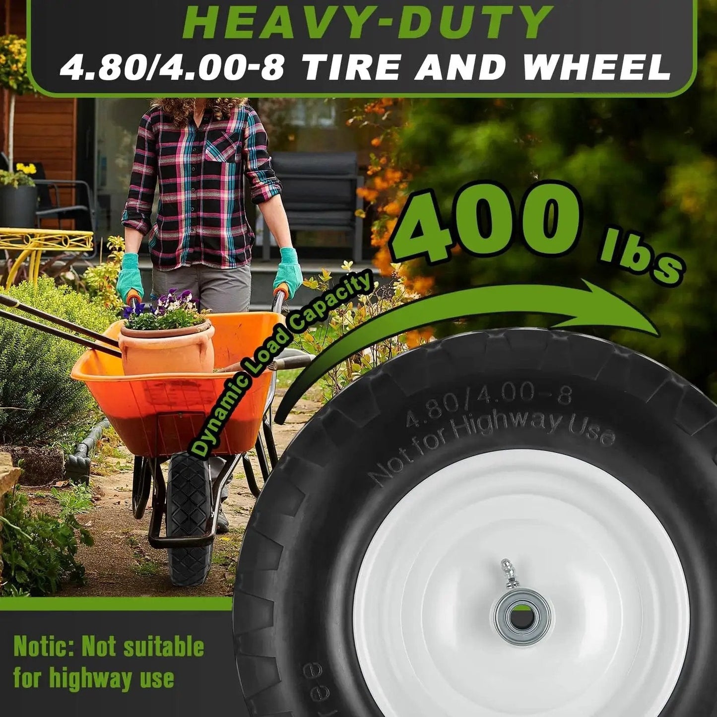 4.80 4.00 8 Flat Free Wheel And Tire for wheelbarrows shown with 16 inch solid wheel, heavy duty, featuring 400 lb load capacity