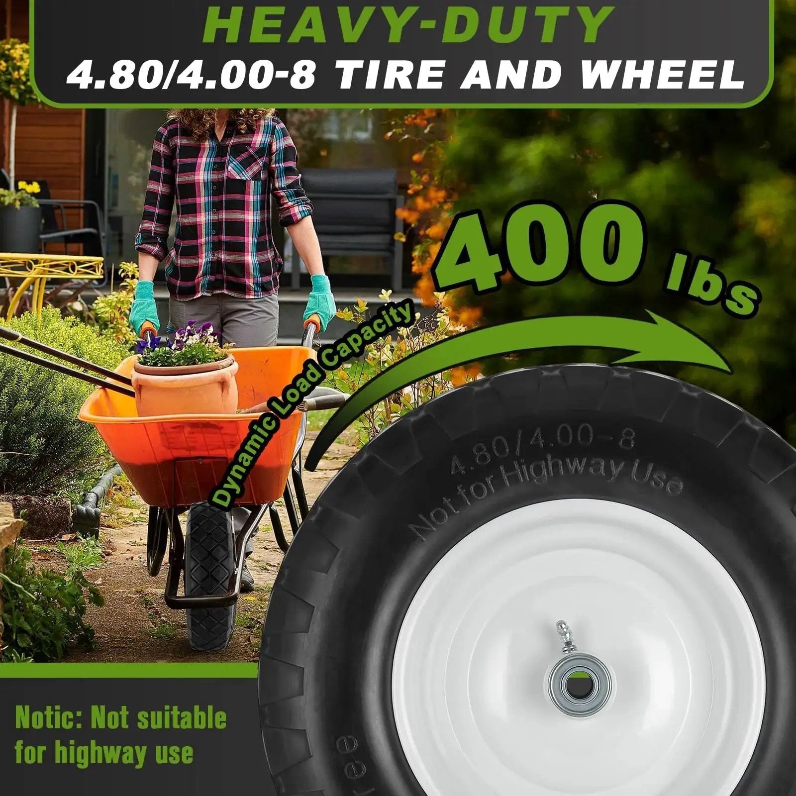 4.80 4.00 8 Flat Free Wheel And Tire for wheelbarrows shown with 16 inch solid wheel, heavy duty, featuring 400 lb load capacity