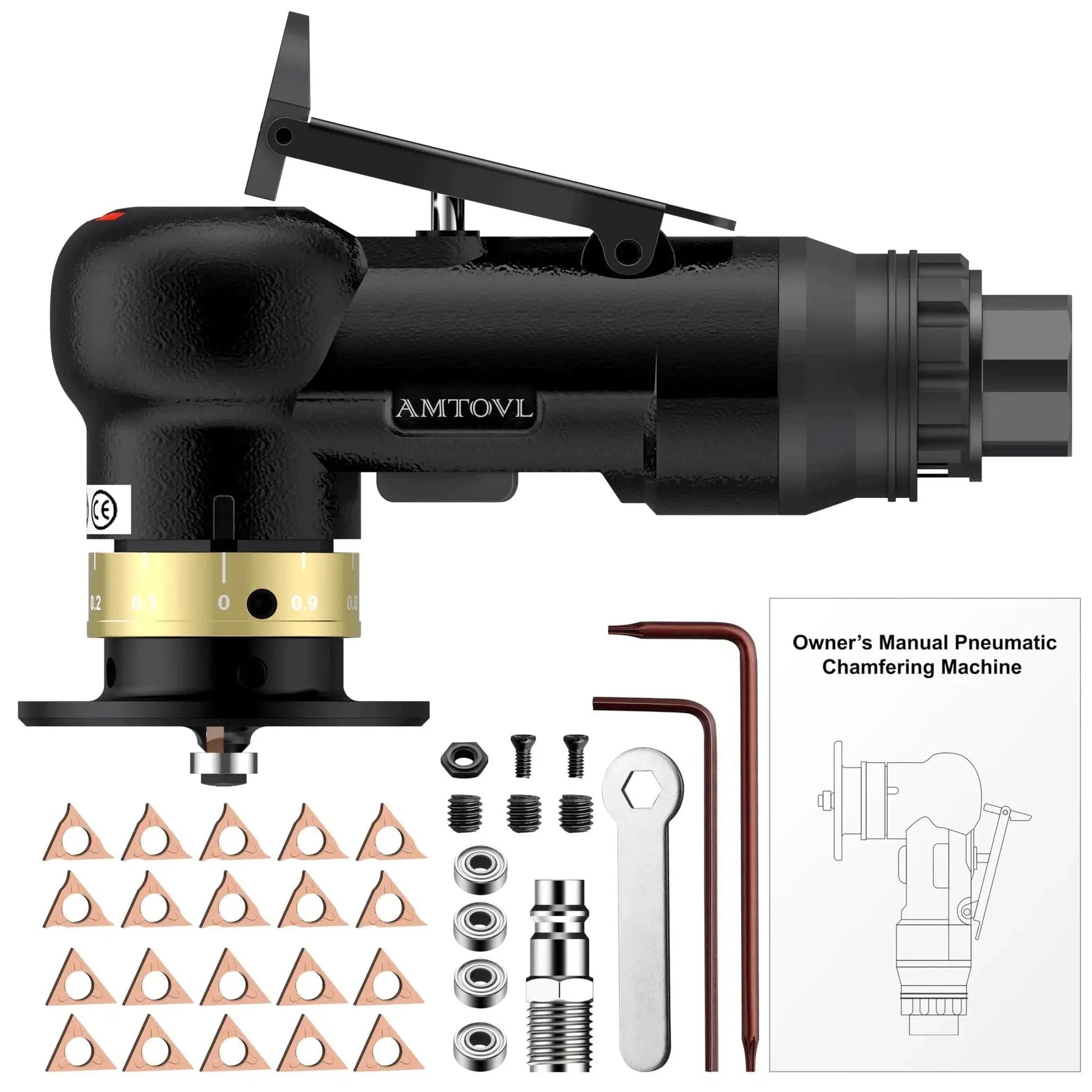Ultra Compact Pneumatic Chamfering Tool Kit With Ten C Angle And Ten R Angle Blades Delivers Precise 0.1 To 0.5 Millimeter Right Angle Chamfers And 1.5 Millimeter Round Edge Chamfering For Metal And Wood, Speed Settings, 30,000 RPM, Quarter Inch Inlet