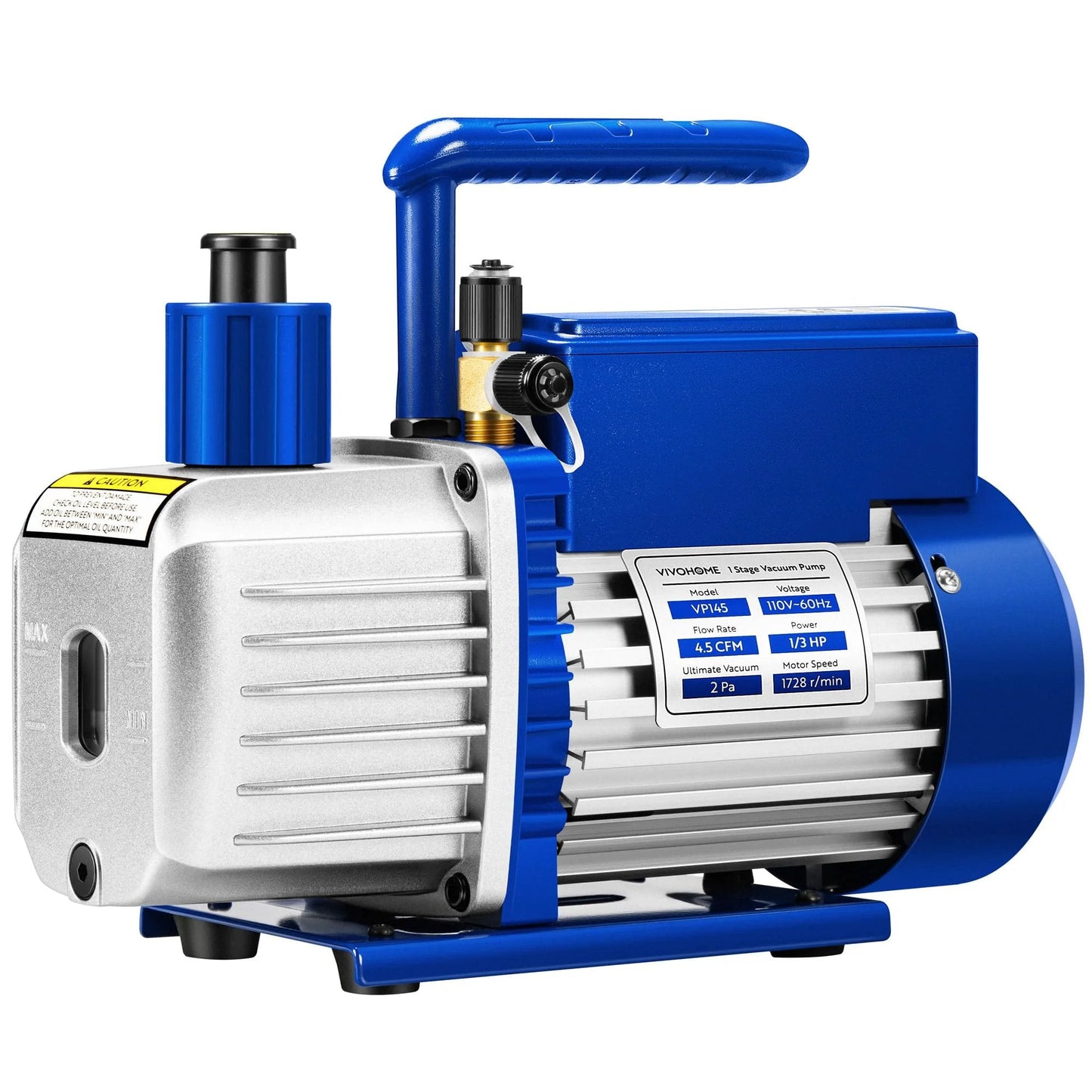 Sparkless One Third HP HVAC Vacuum Pump with 4.5 CFM and Sparkproof Auto On Off Switch in blue casing, side view