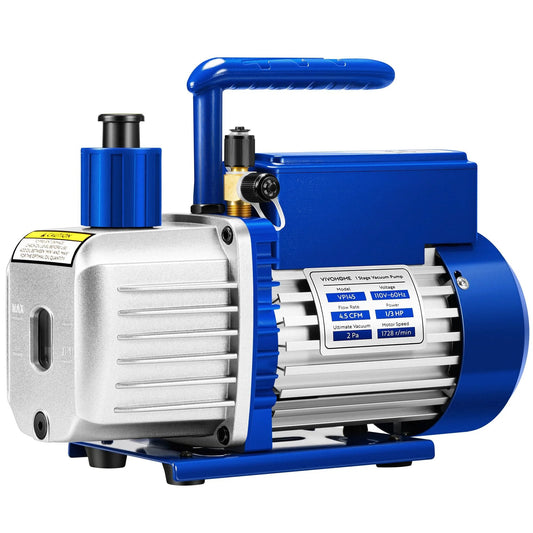 Sparkless One Third HP HVAC Vacuum Pump with 4.5 CFM and Sparkproof Auto On Off Switch in blue casing, side view