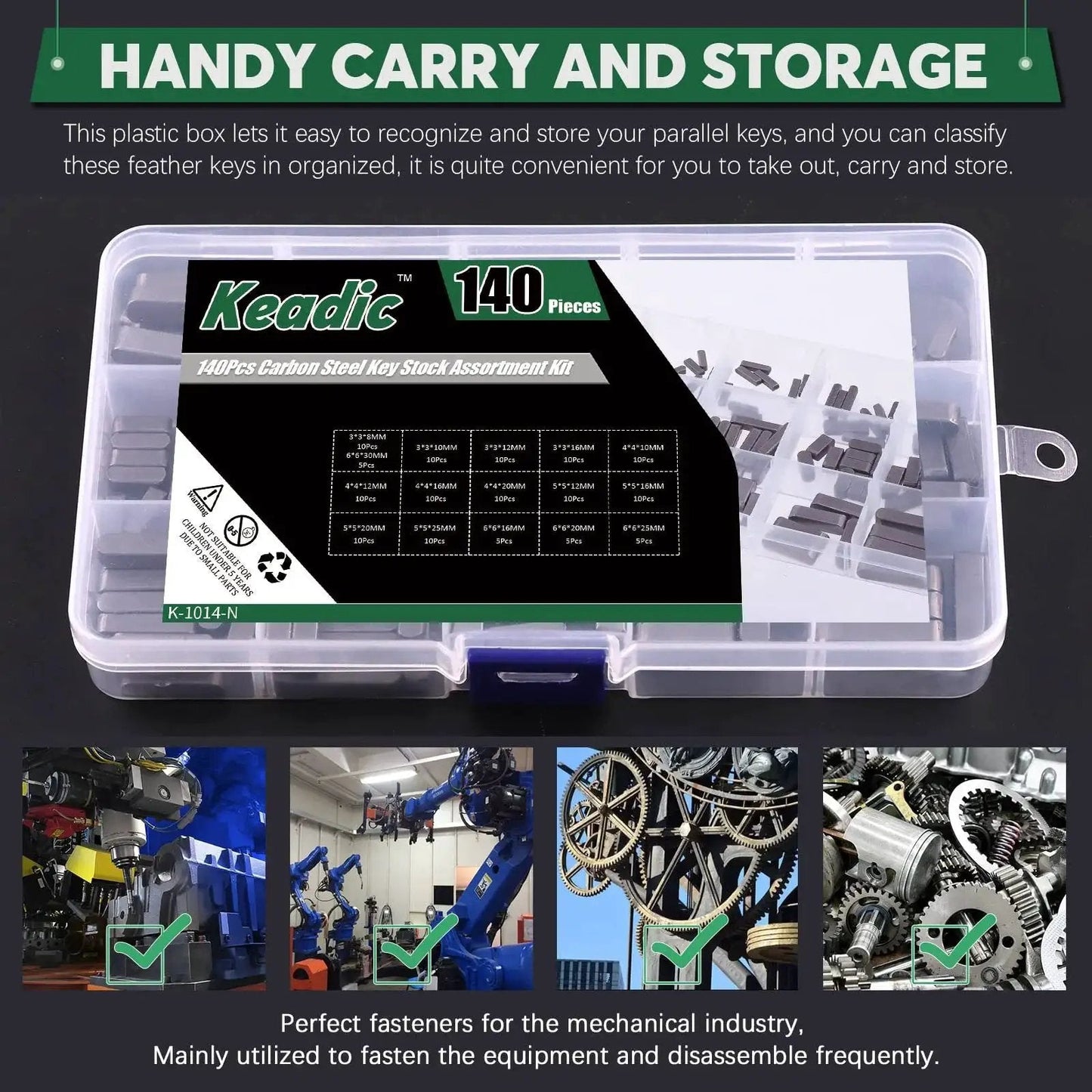 Carbon Steel Round Ended Feather Key Set With 140 Pieces And 16 Size Assortment For Drive Shaft And Pulley Fastening