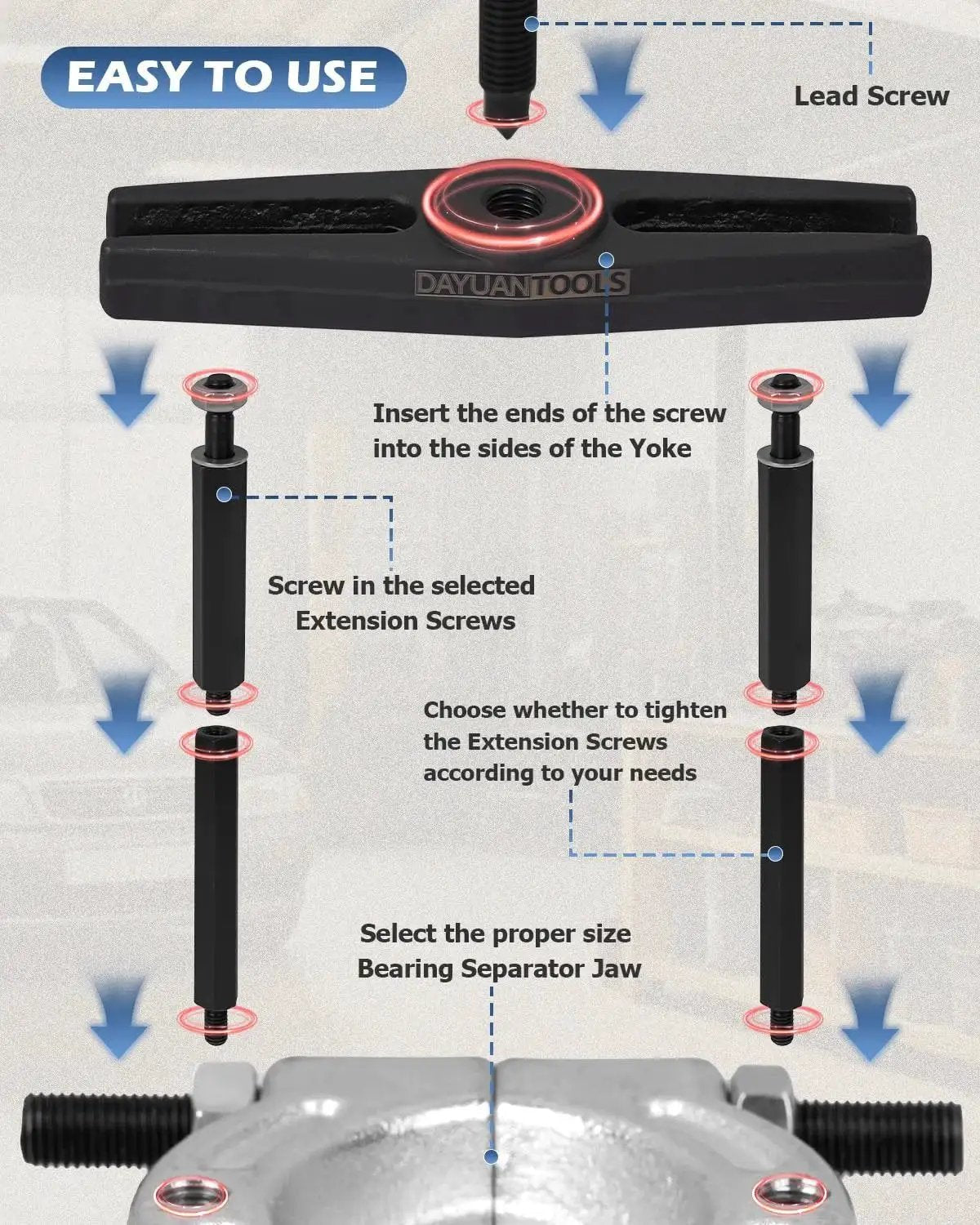 Diagram showing assembly steps for 12 Piece Bearing Separator Set With Heavy Duty 5 Ton Capacity For 2 Inch And 3 Inch Bearings Splitters Puller Kit.
