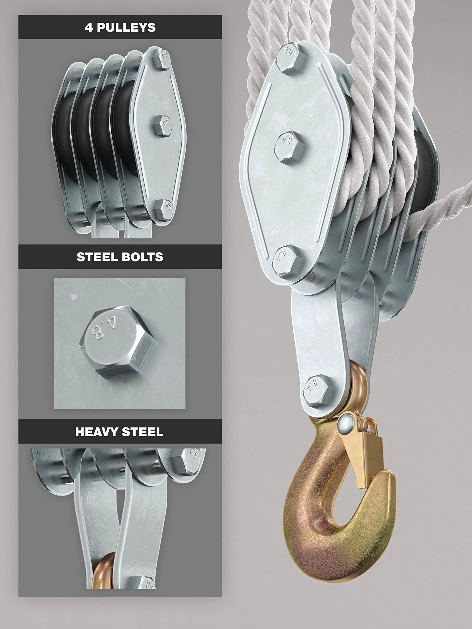 Heavy Duty Block And Tackle Pulley System For Lifting Heavy Objects With 4000 lb Breaking Strength metal pulleys and steel hook