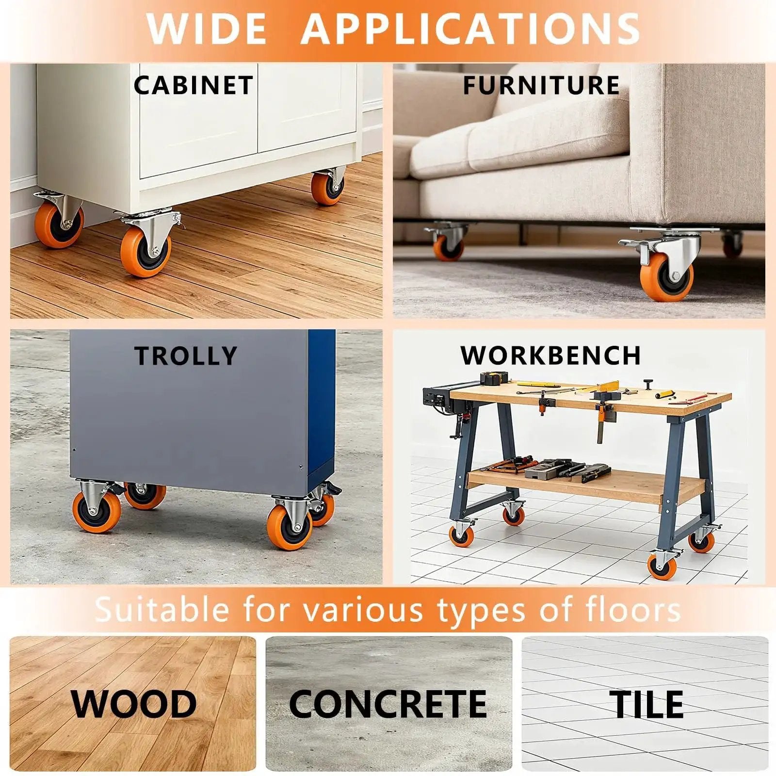 4 Inch Heavy Duty Caster Wheels Set Of 4 With Dual Pedal Locking Brakes installed on cabinet, sofa, trolley, and workbench