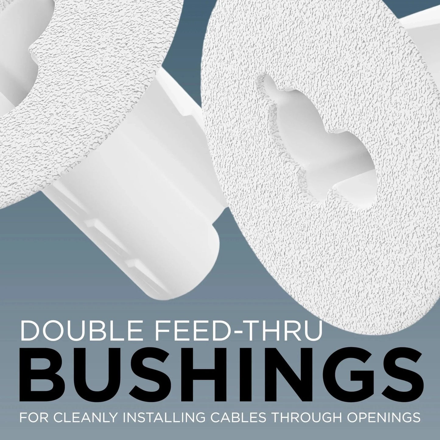 Dual Feed Through Bushing For RG6 Coaxial Cable Pass Through Grommet For Walls And Cabinets Indoor Outdoor White 10 Pack Replaces Coax Wall Plate Easy Install, shown with textured white surface and cable openings.