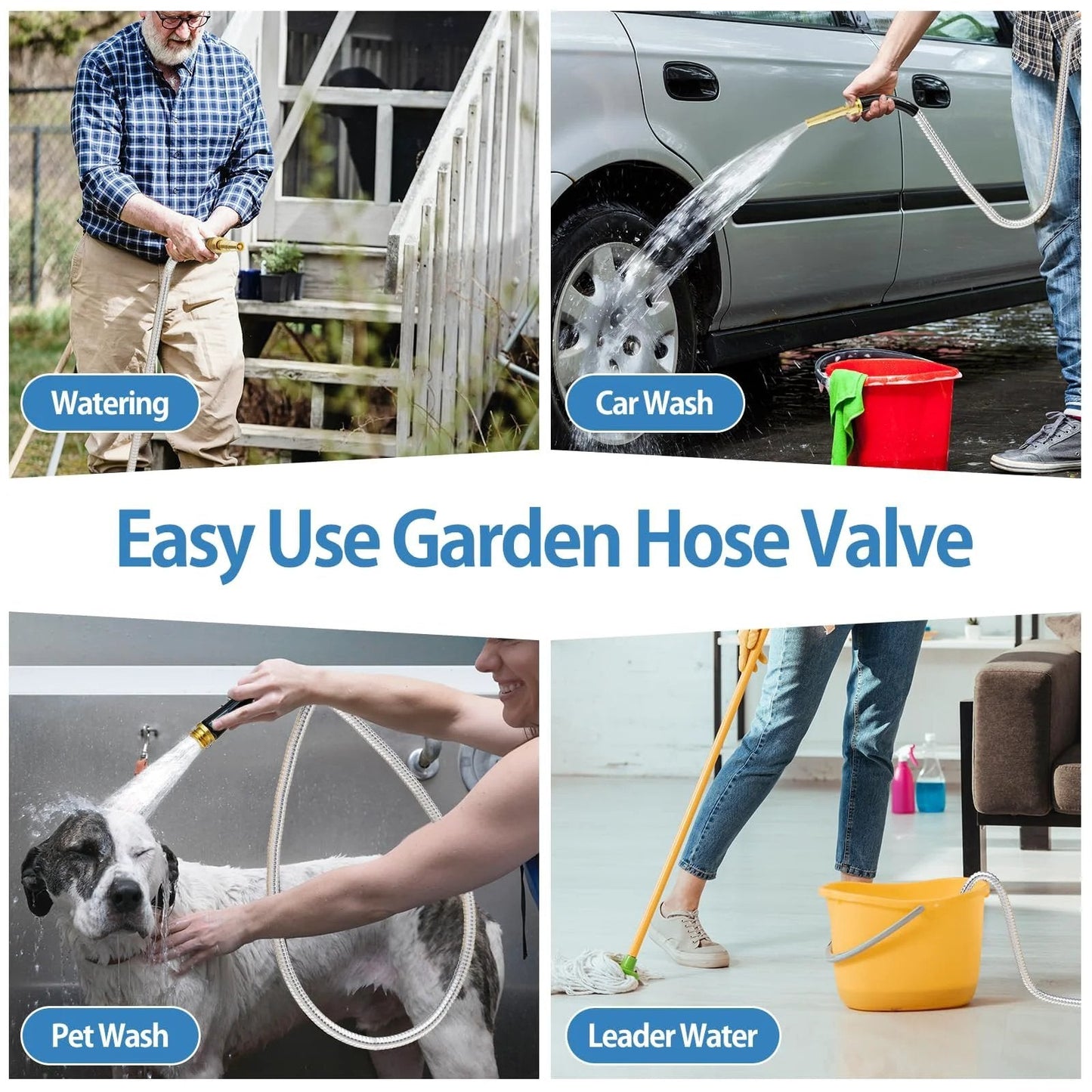 Collage showing uses of a garden hose: watering plants, washing a car, pet washing, and mopping indoors.