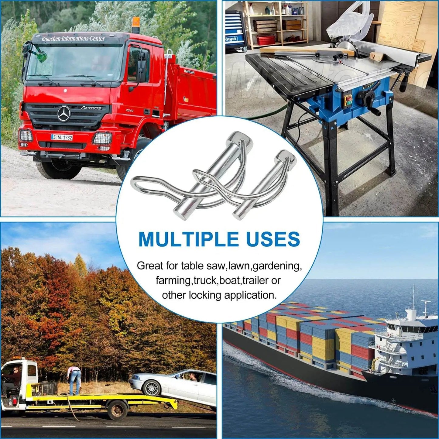 Collage featuring uses of 383 Piece Heavy Duty Pin Kit For Tractors Trailers Trucks And Lawn Gear Includes Hitch Pins R Clips Hairpins Lynch Pins PTO Pins Clevis Pins Cotter Pins And 3 Point Accessories For Farm Lawn And Garden.