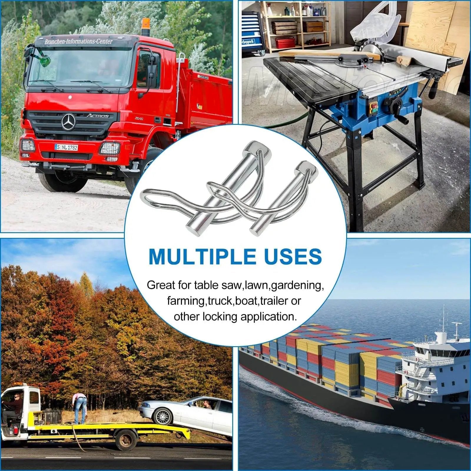 Collage featuring uses of 383 Piece Heavy Duty Pin Kit For Tractors Trailers Trucks And Lawn Gear Includes Hitch Pins R Clips Hairpins Lynch Pins PTO Pins Clevis Pins Cotter Pins And 3 Point Accessories For Farm Lawn And Garden.