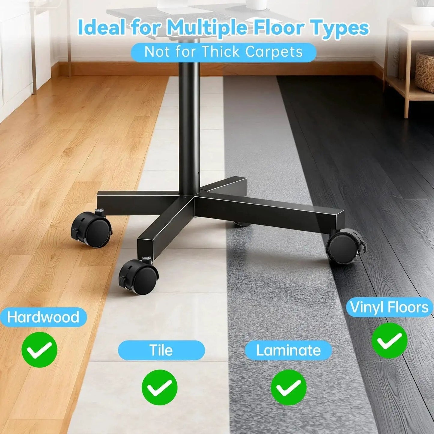 Four Pack Two Inch TV Stand Wheels With M8 Threaded Stem Swivel Casters With Locking Brakes shown on various floor types