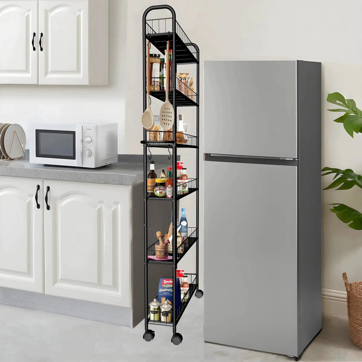 Six Tier Ultra Slim 6 Inch Depth Rolling Storage Cart On Wheels With Handle For Narrow Spaces in kitchen between appliances