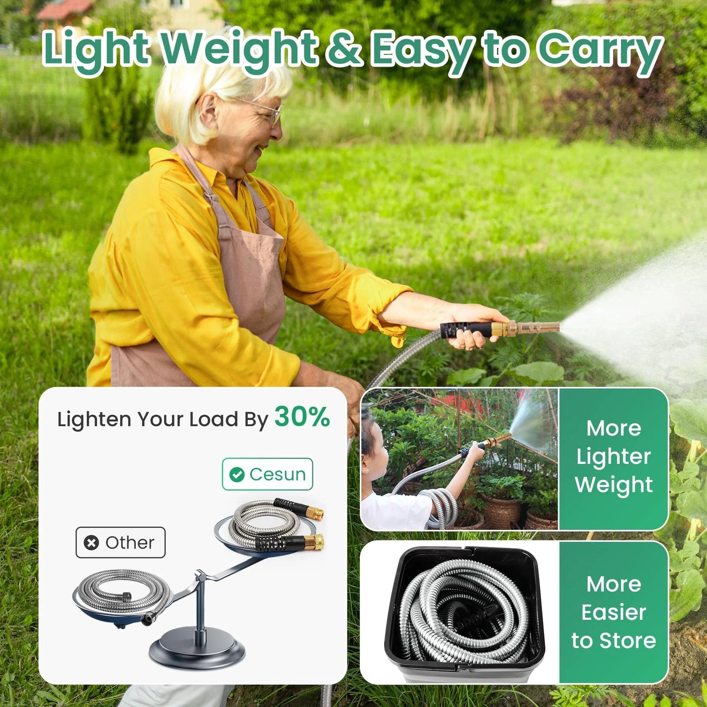Senior woman using Ultra-Sturdy 25ft Metal Garden Hose Made From 304 Stainless Steel, Flexible And No Kink, UV Resistant All Weather Durability.