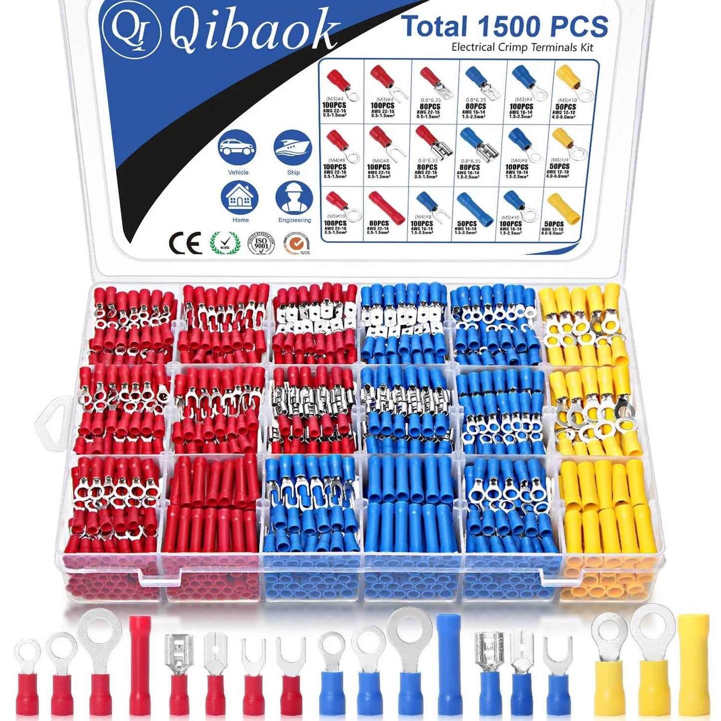 1500Pcs Wire Terminal Kit With Copper Insulated Connectors Ring Butt Spade Fork Terminals Pro Grade Color Coded Red Blue Yellow For Electrical Wiring Automotive DIY Projects Durable Easy Crimp