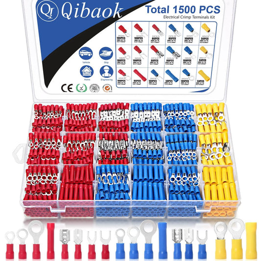 1500Pcs Wire Terminal Kit With Copper Insulated Connectors Ring Butt Spade Fork Terminals Pro Grade Color Coded Red Blue Yellow For Electrical Wiring Automotive DIY Projects Durable Easy Crimp