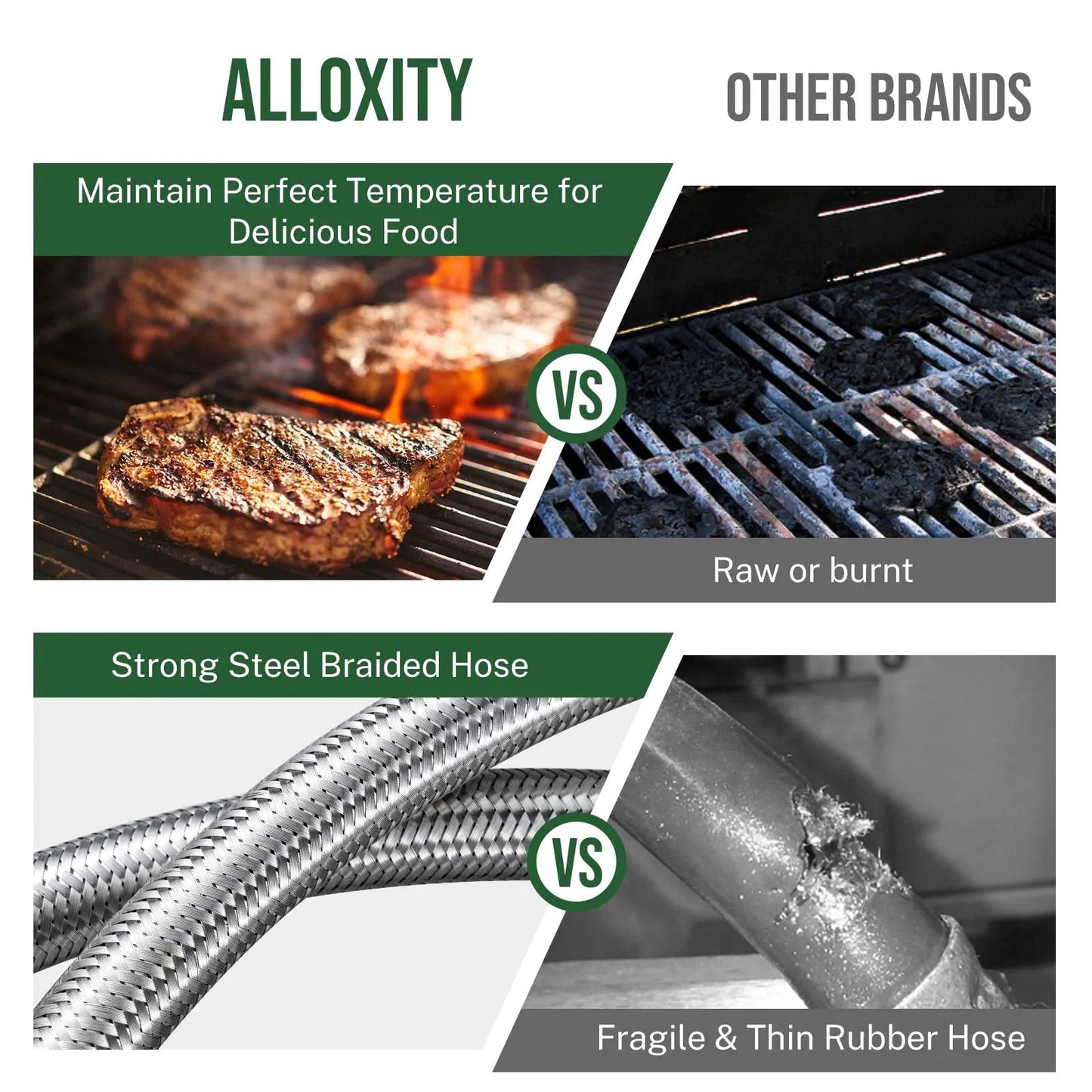Comparison of Alloxity steel braided hose for grills with a rubber hose, showing cooking results and hose durability.