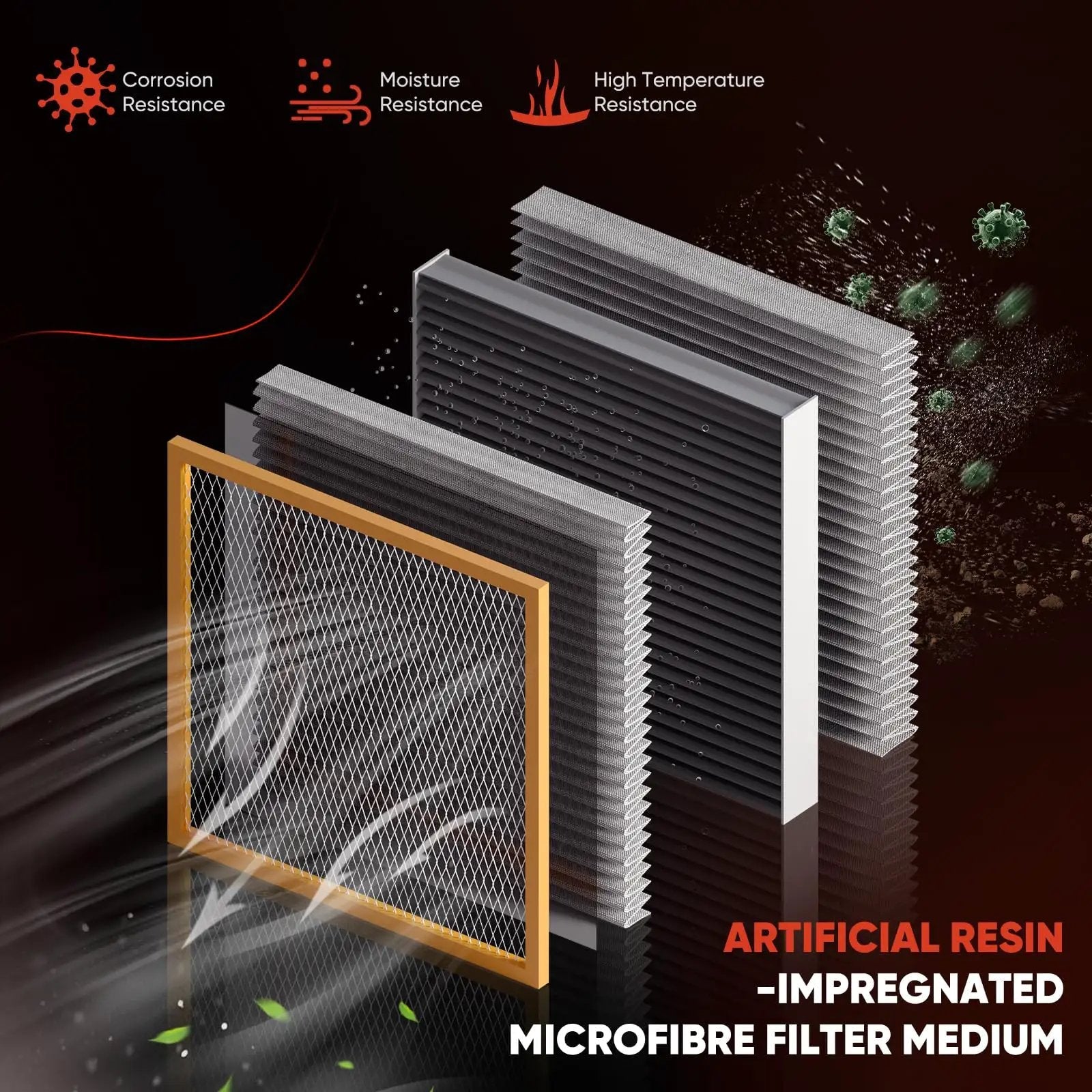 Close-up view of engine air filter replacement layers showing artificial resin-impregnated microfibre filter medium.