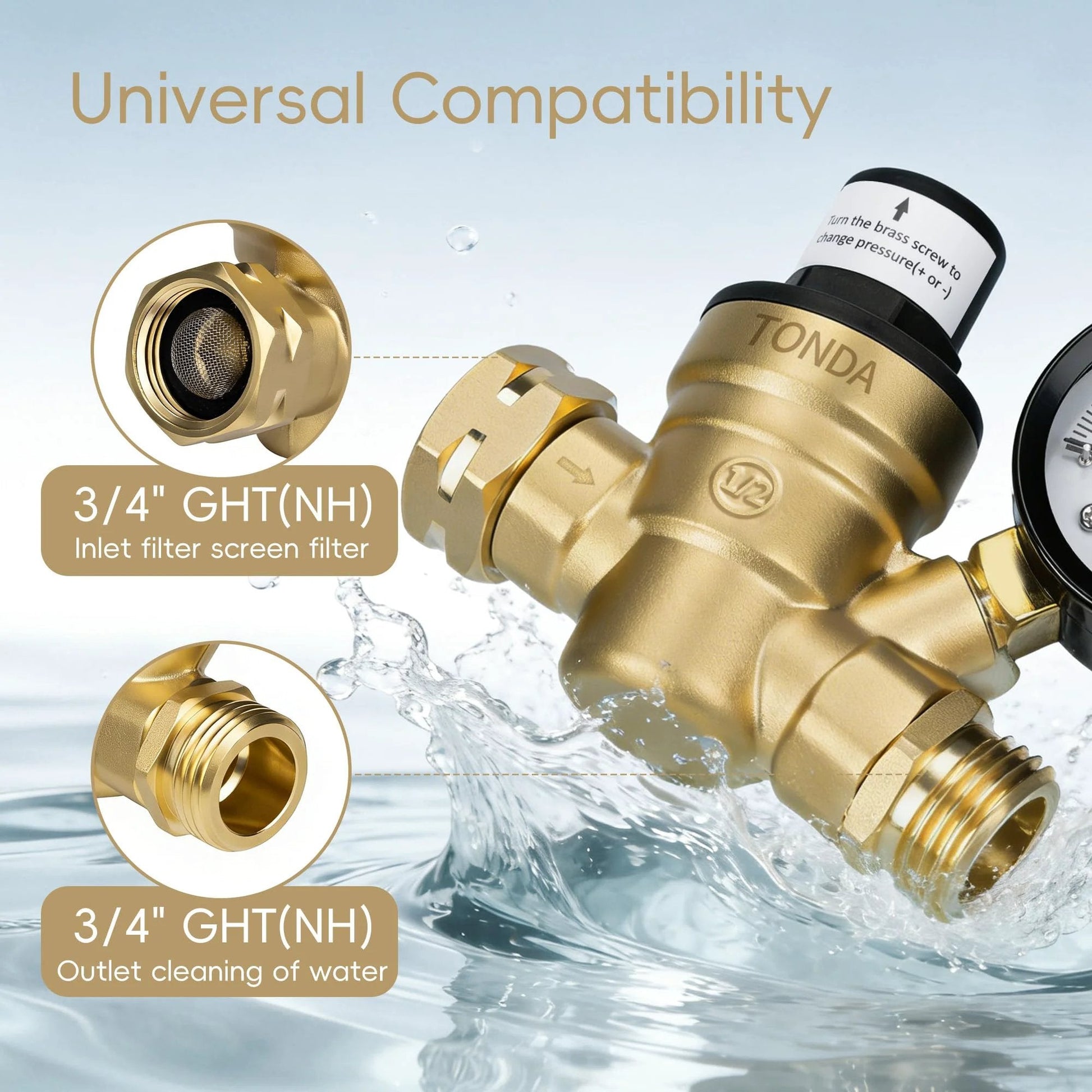 Lead Free Brass RV Water Pressure Regulator With Gauge And Inlet Screen Filter Adjustable 0 To 160 PSI on water surface