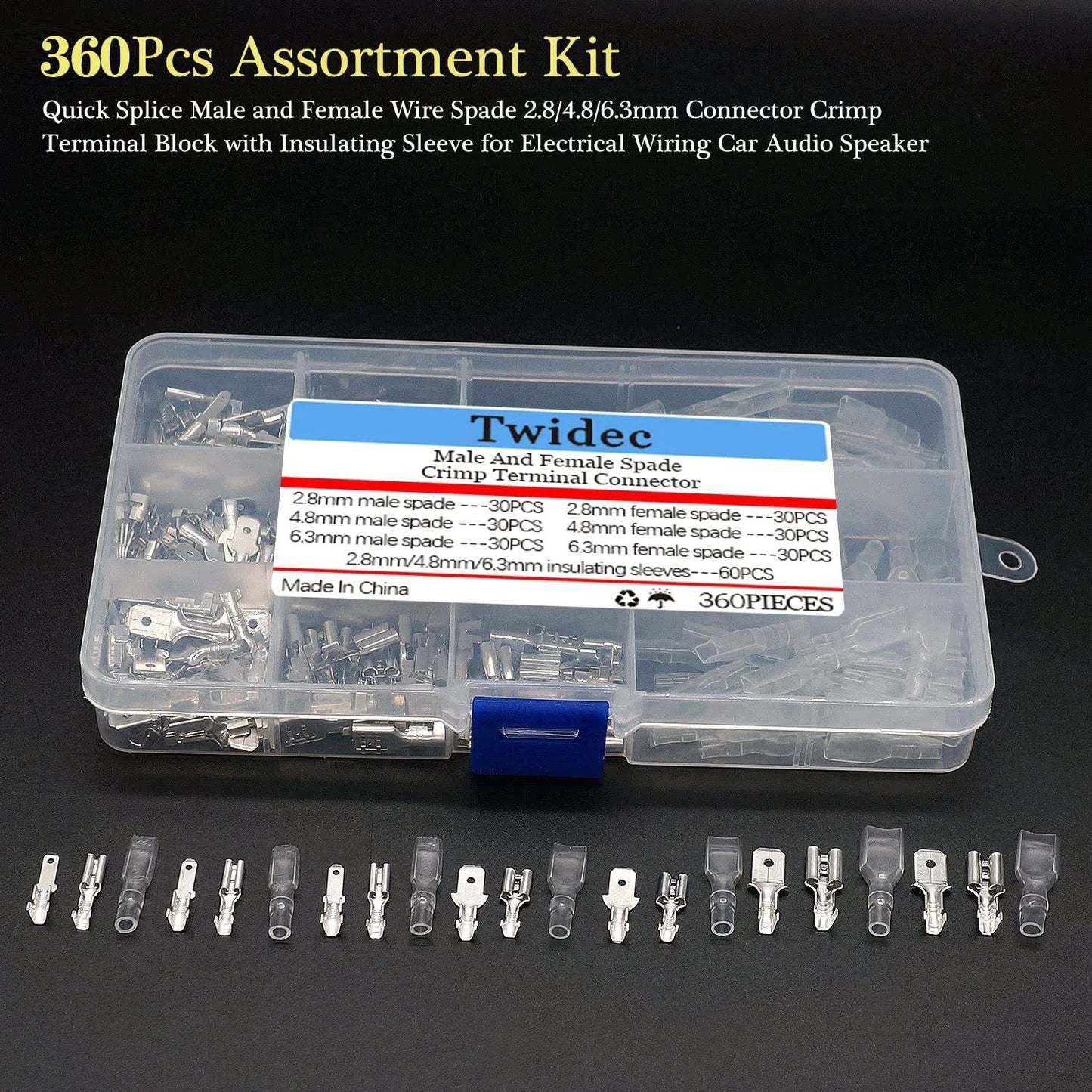 Premium Quick Splice Spade Connector Kit For Electrical Wiring And Car Audio 360Pcs in 2.8 4.8 6.3mm sizes, with box view